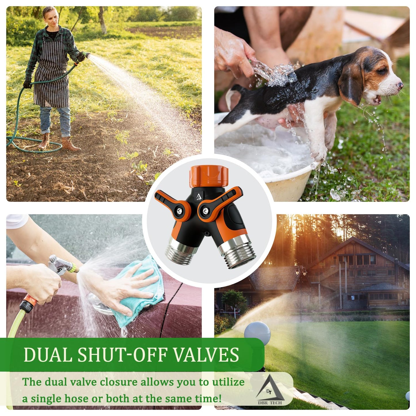 Hose Splitter 2 Way, Heavy Duty Metal Connector, Two Way Garden Hose Splitter, High Flow Spigot Faucet Bib Adapter, Solid Double Y Shut Off Valve for Outdoor Gardening Hoses, Orange