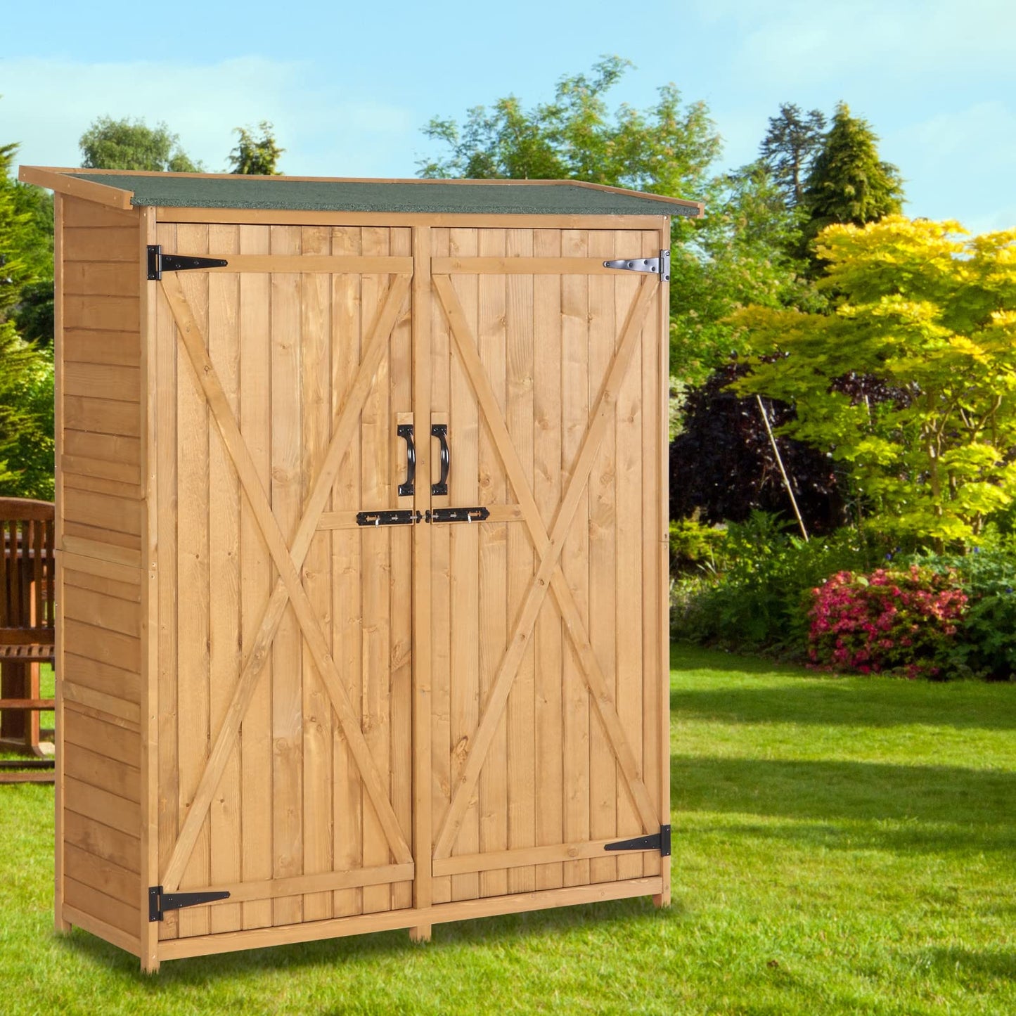 VINGLI Upgraded Outdoor Wooden Storage Shed, Extra Large Garden Shed Outside Tool Cabinet with 2 Safety Latches, Patio Storage Organizer for Garden Yard Lawn Equipment, Teak