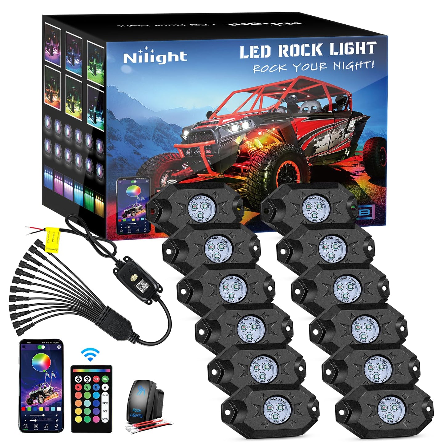 Nilight RGB LED Rock Lights Kit, 4 pods Underglow Multicolor Neon Light Pod with Bluetooth App Control Flashing Music Mode Wheel Well Light for Truck ATV UTV RZR SUV