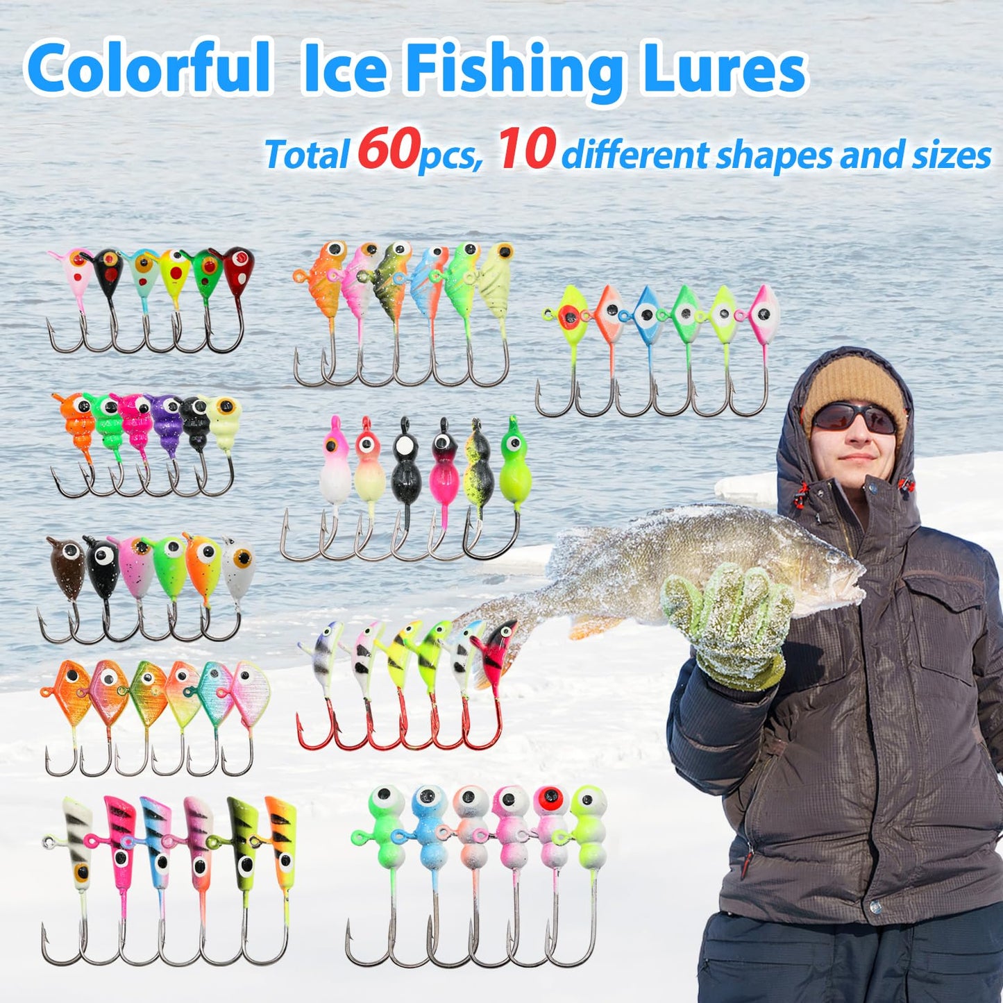 Ice Fishing Jigs Kit, 30/60Pcs Glow Ice Fishing Lure Set for Winter Ice Jigging Crappie Sunfish Perch Panfish Walleye Pike Jigs, Ice Fishing Gear with Storage Box