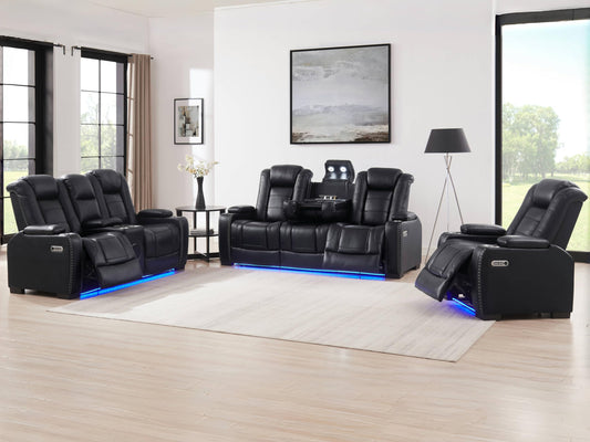 THSUPER Power Black Leather Recliner Sofa for Living Room Furniture Sets with Arm Storage and Power Headrest, Leather Living Room Reclining Couch Set with Wireless Charge and Bluetooth Speaker.