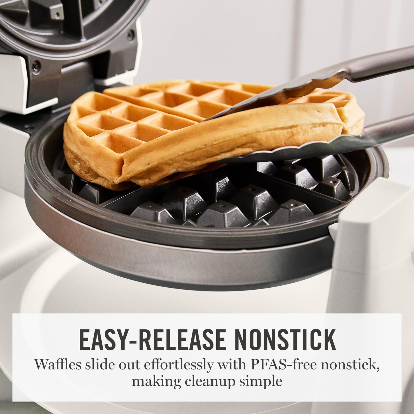 Martha Stewart Rotating Waffle Maker, 180° Flip Iron with PFAS-Free Nonstick Plates, Adjustable Timer, Ready Light, Drip Tray, Space Saving, Classic Round 7”, Easy to Clean, Stainless Steel, Sky Blue