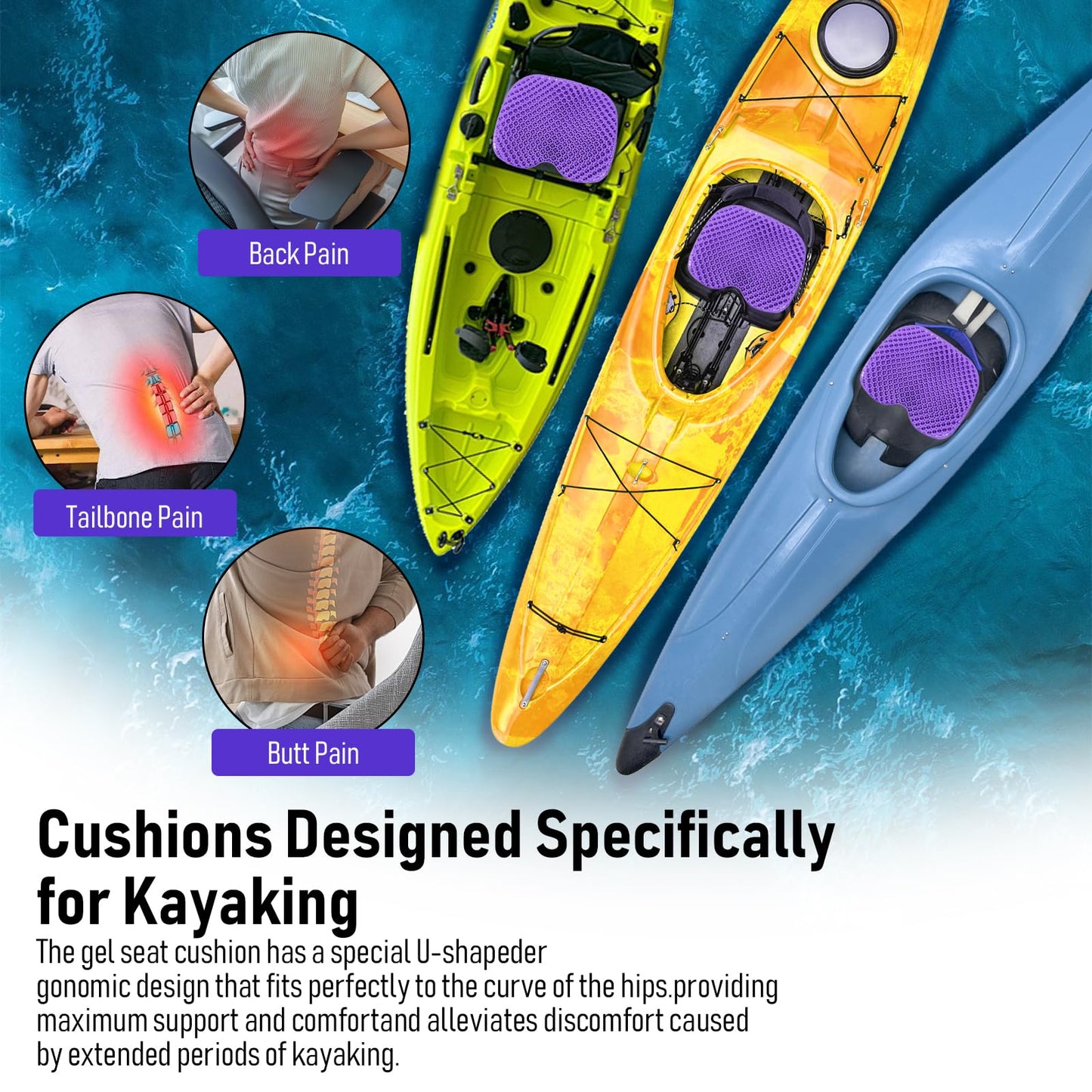 Kayak Seat Cushion, Thicken Anti Slip Waterproof Gel Kayak Seat, Portable Canoe Rowing Rubber Dinghy Pad for Stadium Sit in Kayak Inflatable Fishing Kayak Canoe Kayak Accessories