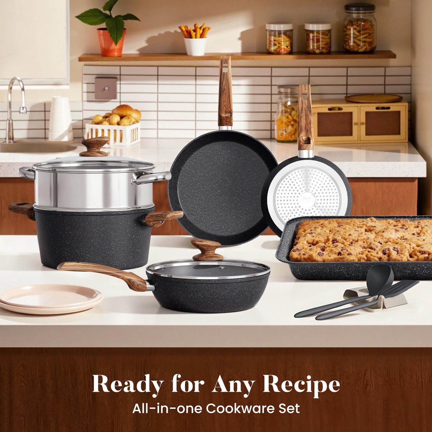 Kitchen Academy Induction Cookware Set-17 Piece Non-stick Cooking Pan Set, Black Granite Pots and Pans Set