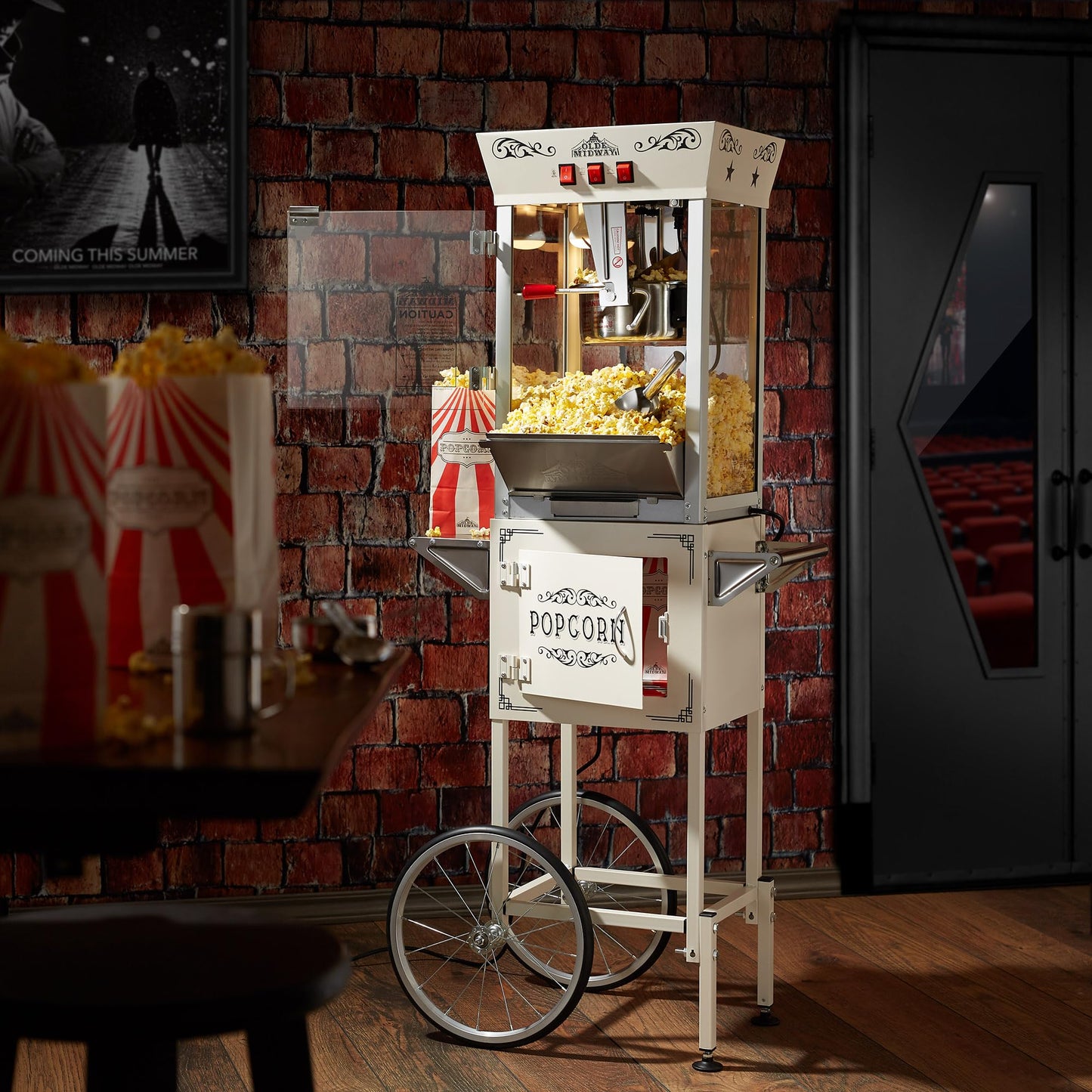 Olde Midway Movie Theater-Style Popcorn Machine Maker with Cart and 10-Ounce Kettle - Red, Vintage-Style Popper on Wheels