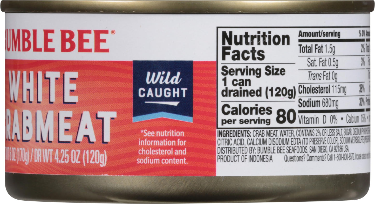 Bumble Bee White Flake Crab Meat in Water, 6 oz Can - 16g Protein & 1g Carb Per Serving - Wild Caught, Flaky, Drain Before Use, 6 Ounce (Pack of 1)