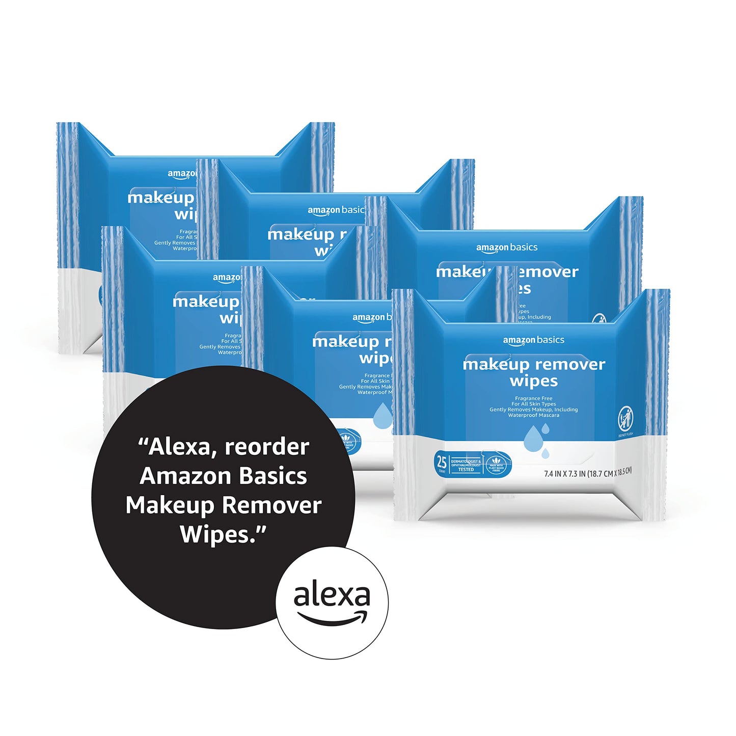 Amazon Basics Makeup Remover Wipes, Formulated without Fragrance and Alcohol-Free, Gentle Cleansing, Removes Waterproof Mascara, Dermatologist Tested, 25 Count, Pack of 6