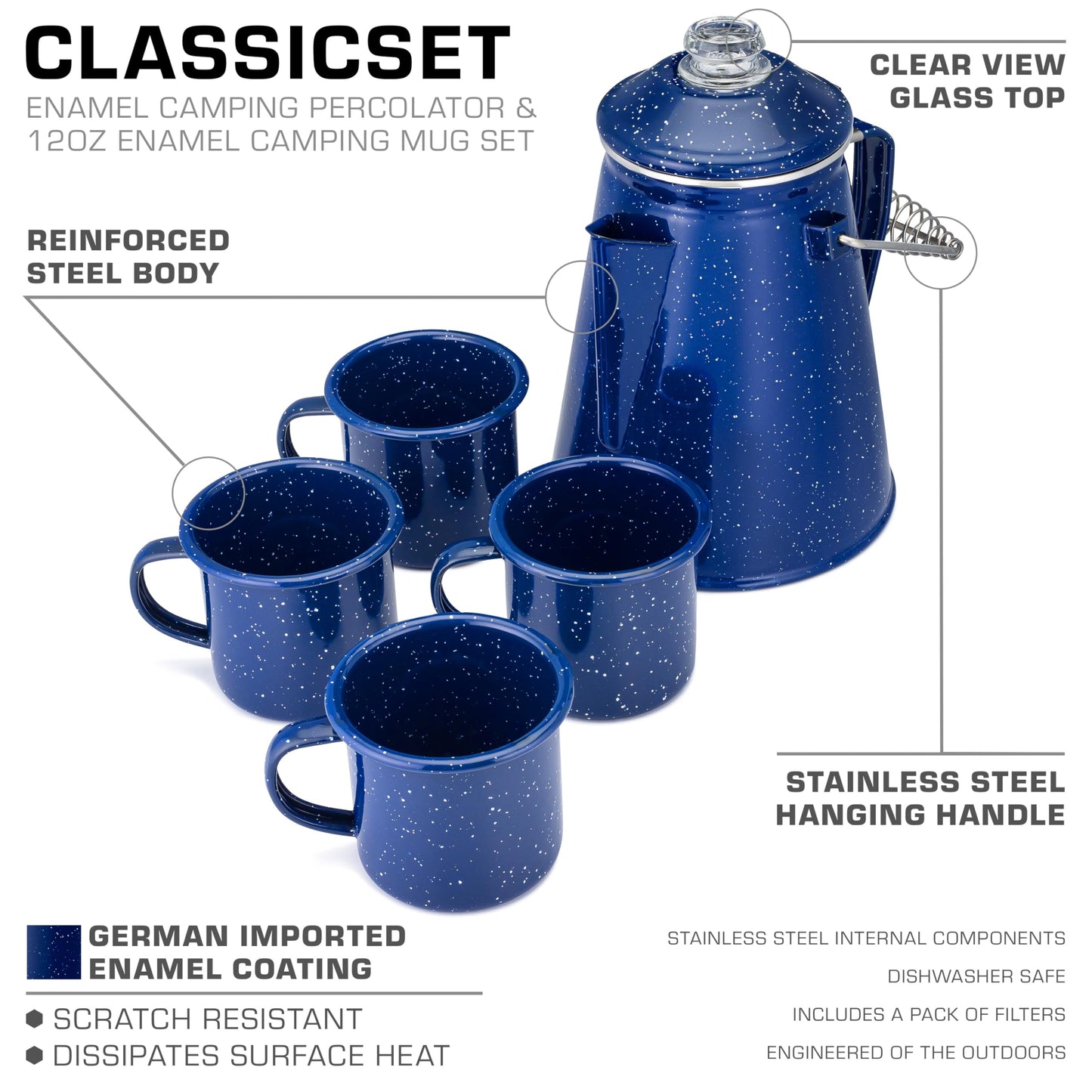 COLETTI Classic Camping Coffee Pot & Mug Set - Percolator Coffee Pot, Enamel Mug Complete Nostalgic Bundle German Imported Enamel Powder [12 oz, Set of 4] (Green)