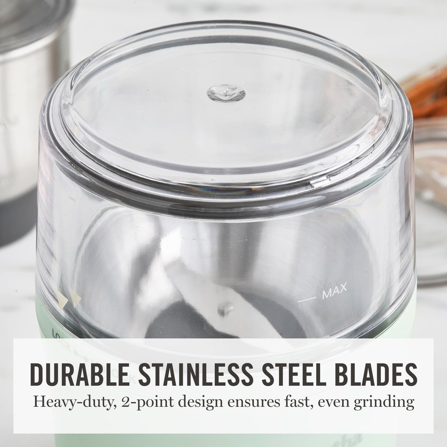 Martha Stewart Electric Coffee & Spice Grinder, Dual 2.5oz Removable Bowls, Storage Lids, Stainless Steel Blades, One Touch Pulse Control, 2-in-1 Compact, Beans & Spices, Herbs & Nuts, Sky Blue