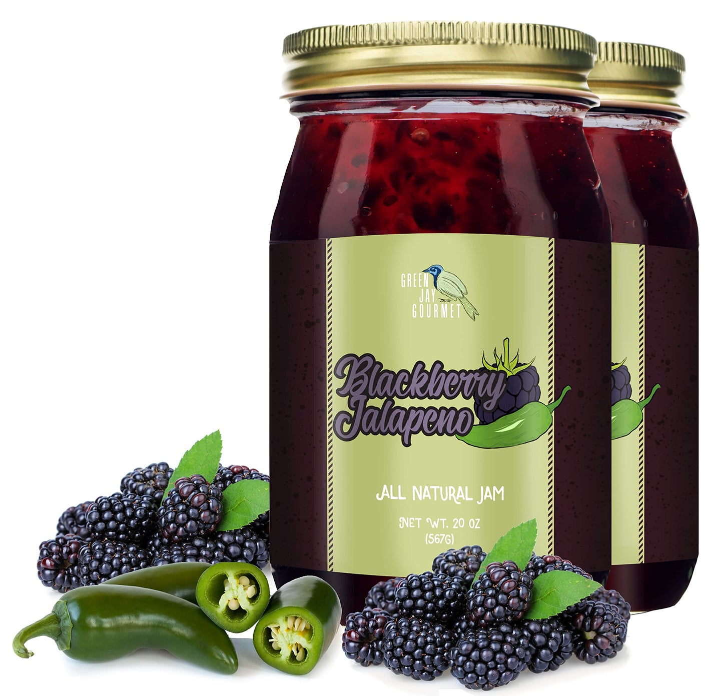 Green Jay Gourmet Spicy Jam Variety Pack - All-Natural Raspberry Jalapeno Jam, Strawberry Jalapeno Jam, Blackberry Jalapeno Jam - Vegan, Gluten-free Jam - No Preservatives - USA Made - 3 x 20 Ounces
