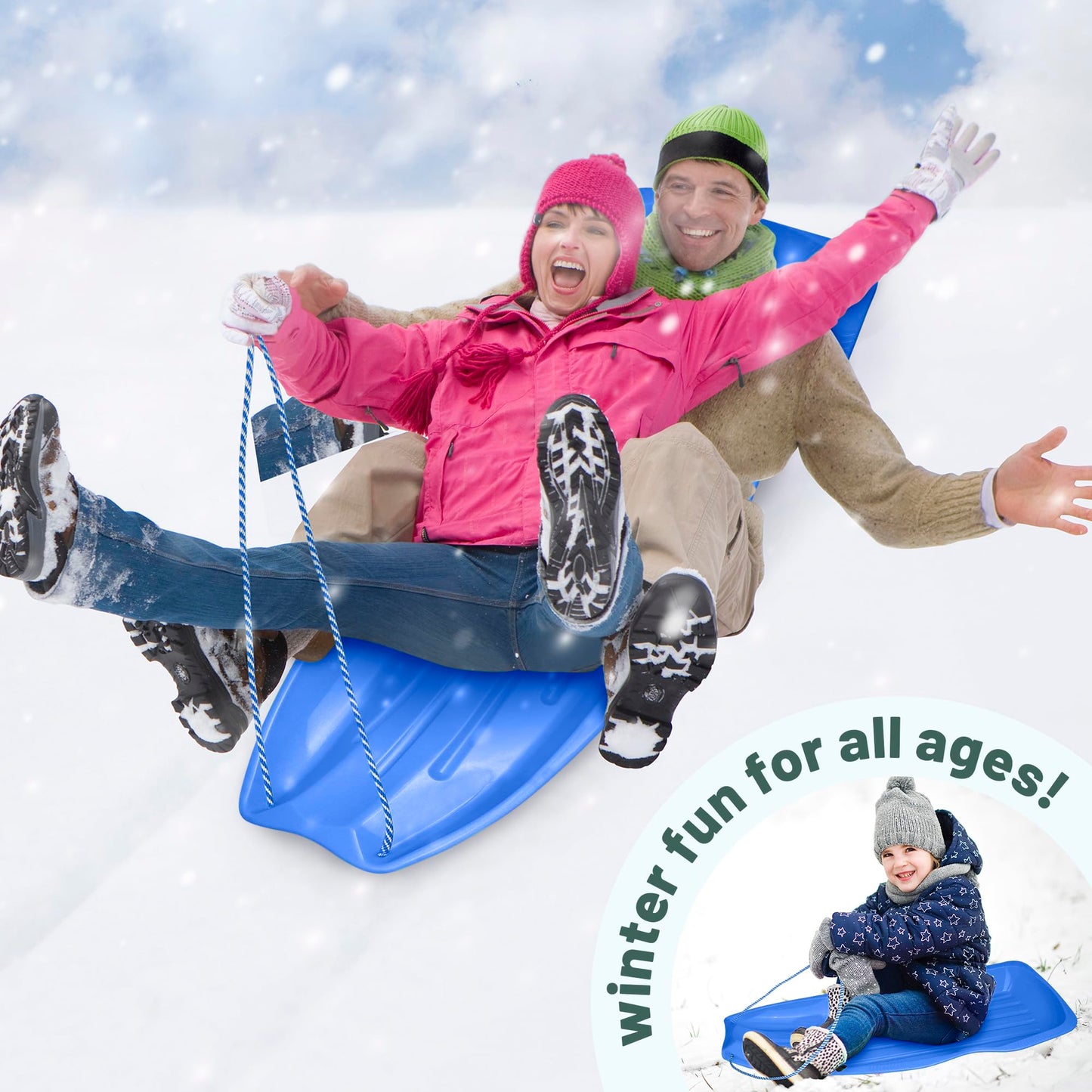 Slippery Racer Downhill Xtreme Flexible Adults and Kids Plastic Toboggan Snow Sled for Up to 2 Riders with Pull Rope and Handles, Blue