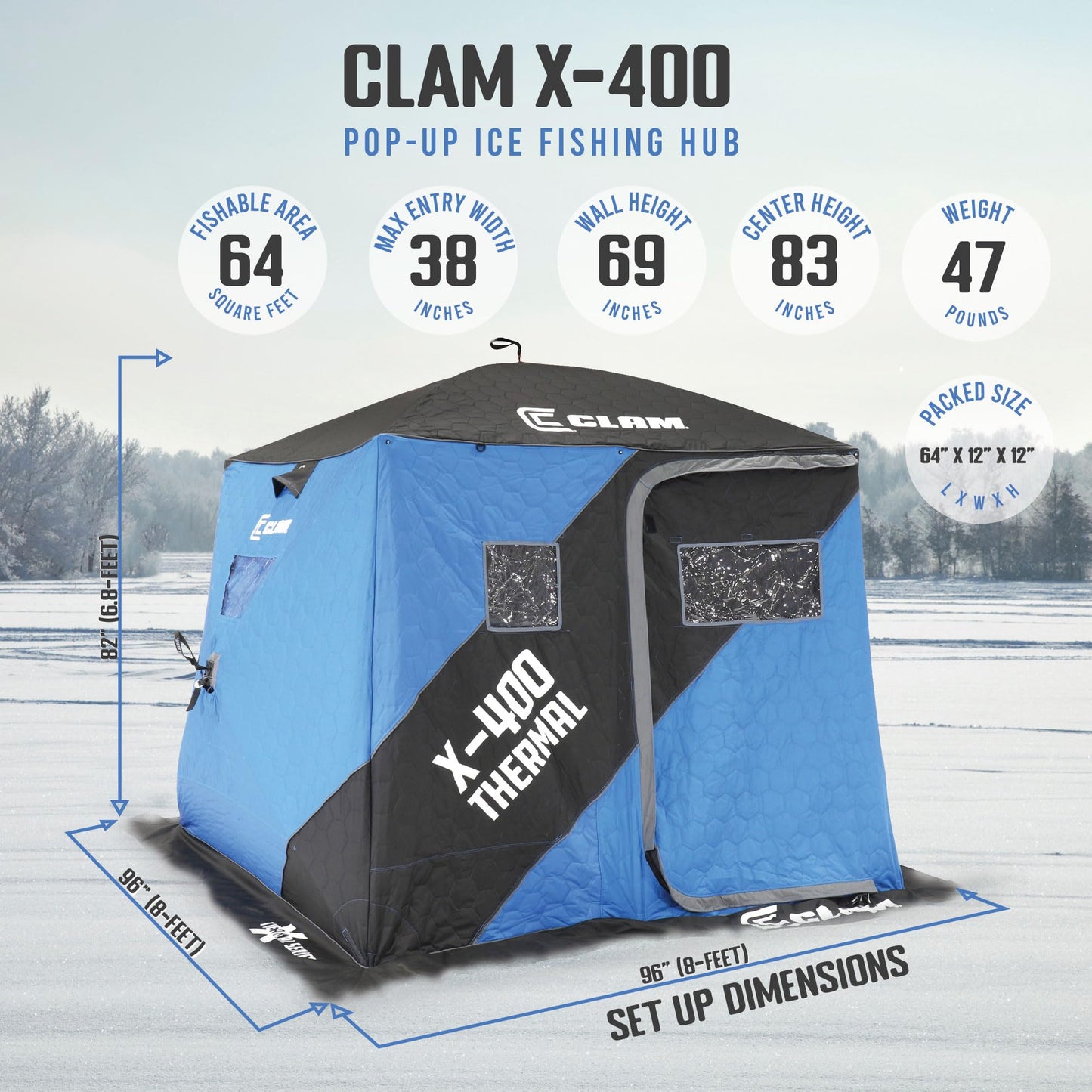 CLAM Portable Fishing Angler Thermal Hub Shelter Tent with Anchor Straps, Carrying Bag