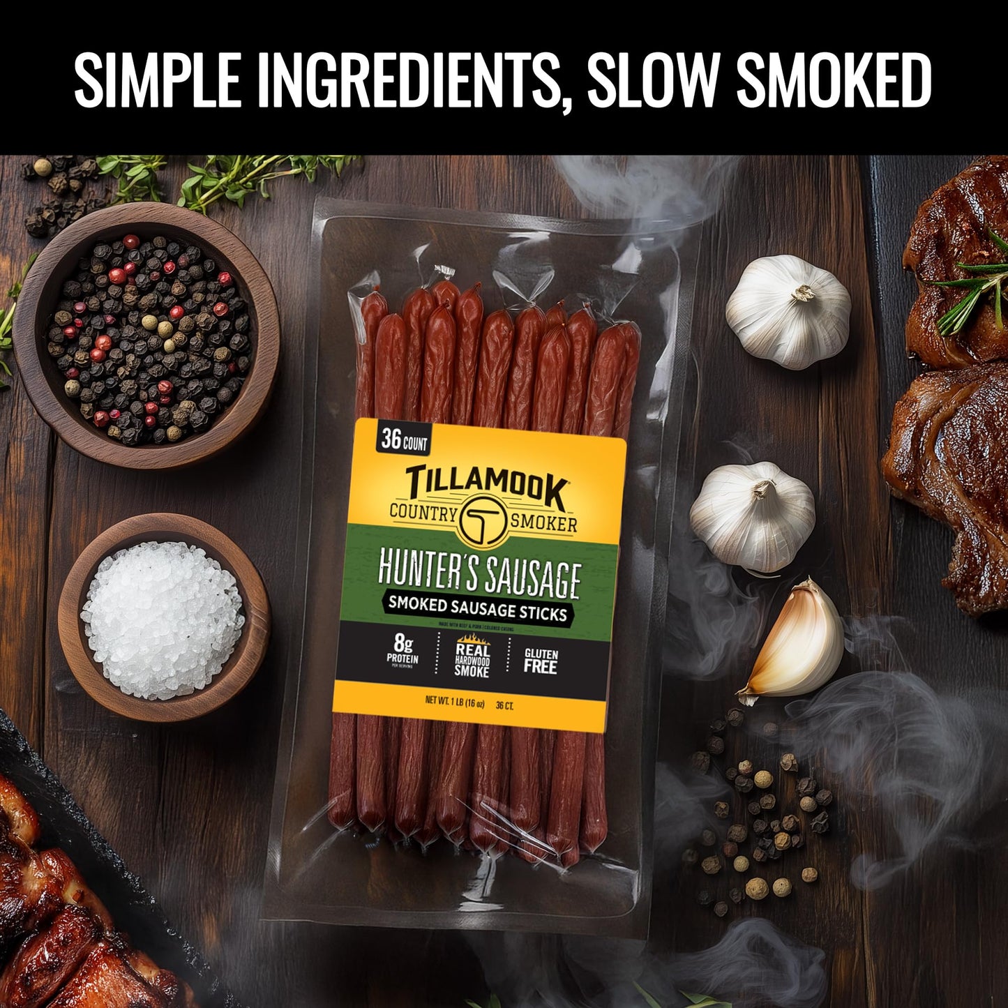 Tillamook Country Smoker Real Hardwood Smoked Sausages, Pepper, 15.2 Ounce Tall Jar, 20 Count