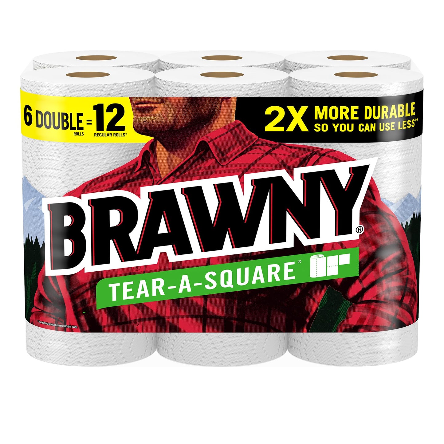 Brawny Tear-A-Square Paper Towels, 12 Double Rolls = 24 Regular Rolls, 3 Sheet Sizes (Quarter, Half, Full), Strength for All Messes, Cleanups, and Meal Prep