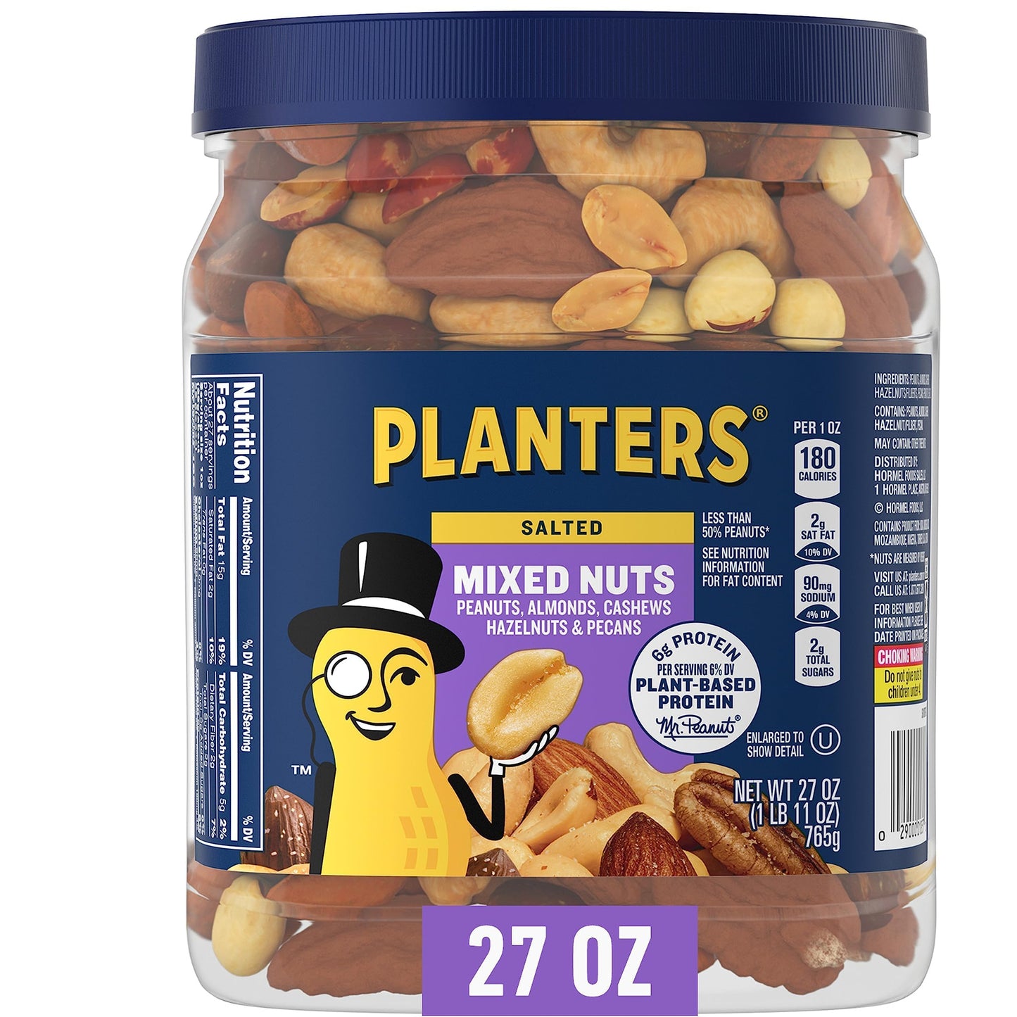 PLANTERS Deluxe Mixed Nuts, Cashews, Almonds, Pecans, Pistachios, Hazelnuts, Roasted with Sea Salt, Party Snacks, Plant-Based Protein Nut Mix, Snacks for Adults, After School Snack Mix, 27oz