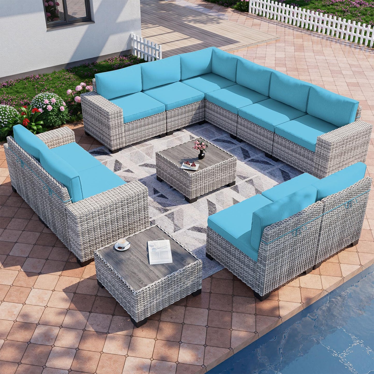 6-Piece Outdoor Patio Furniture Set Wicker Sectional Sofa Set, Patio Conversation Set with Thickened Cushions & Coffee Table for Garden, Backyard, Poolside, Beige