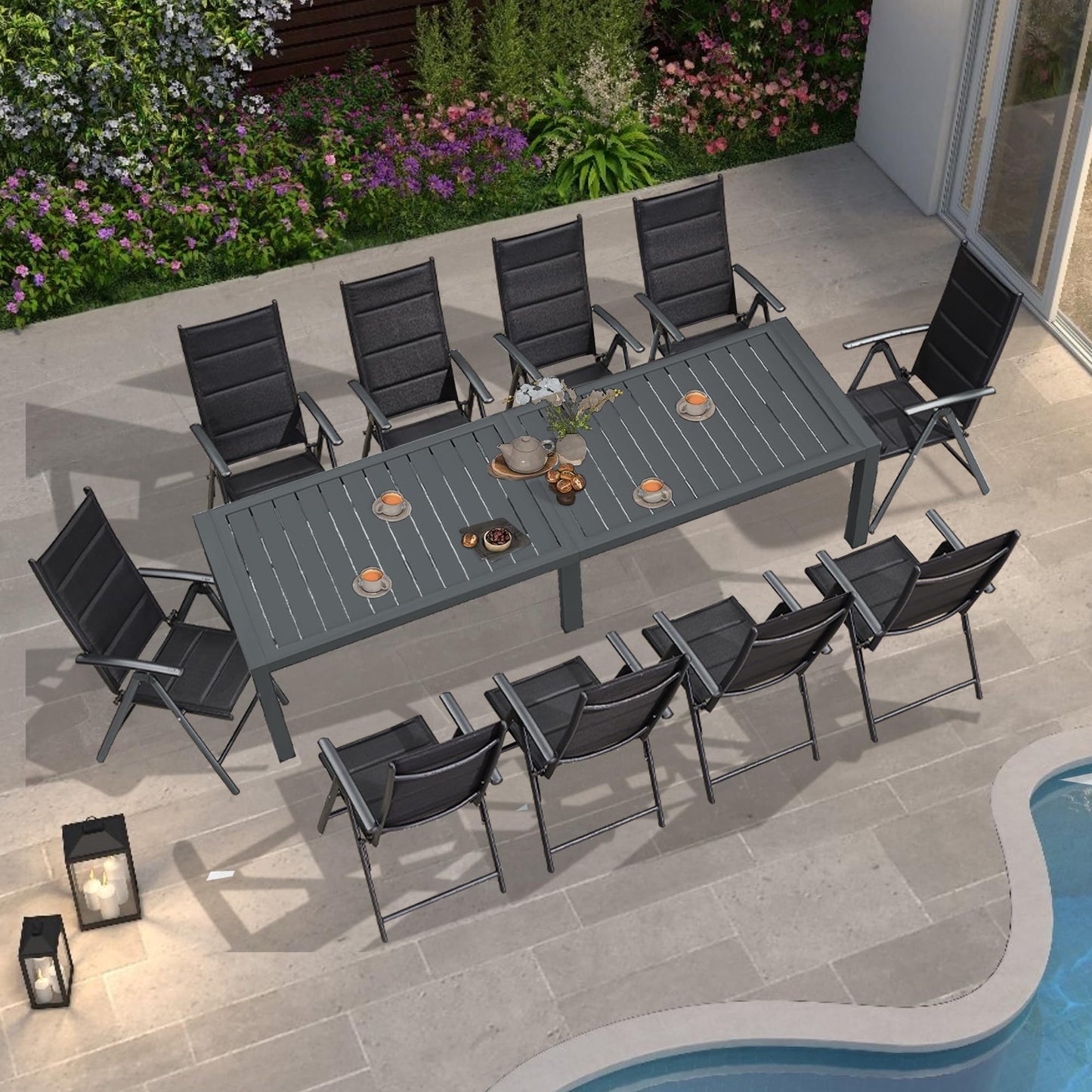 PURPLE LEAF 9 Pieces Outdoor Patio Dining Set with 8 Folding Portable Chairs and 1 Rectangle Aluminum Table, Foldable Adjustable High Back Reclining Chairs with Soft Cotton-Padded Seat, Grey