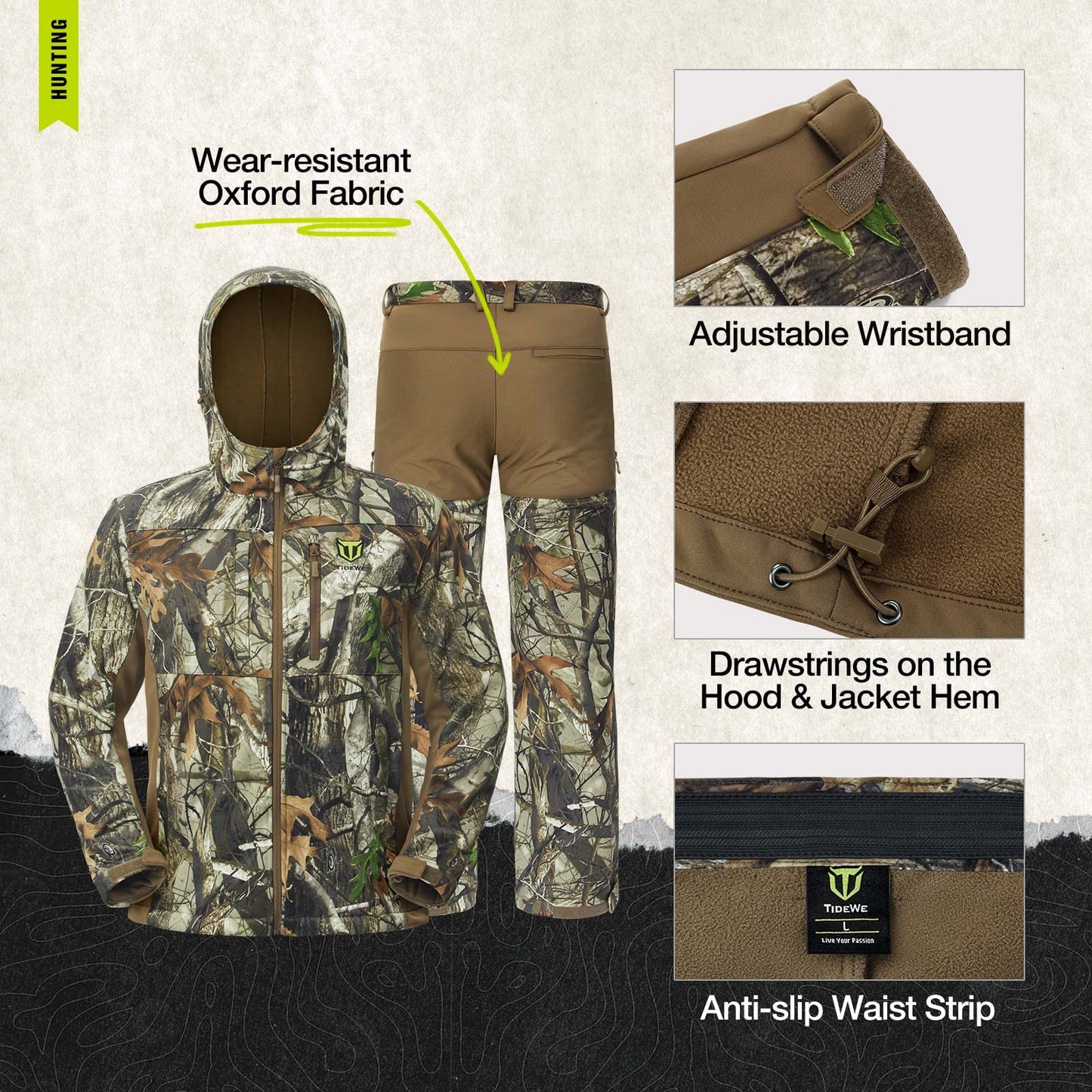 TIDEWE Hunting Clothes for Men with Fleece Lining, Safety Strap Compatible Water Resistant Silent Hunting Jacket and Pants