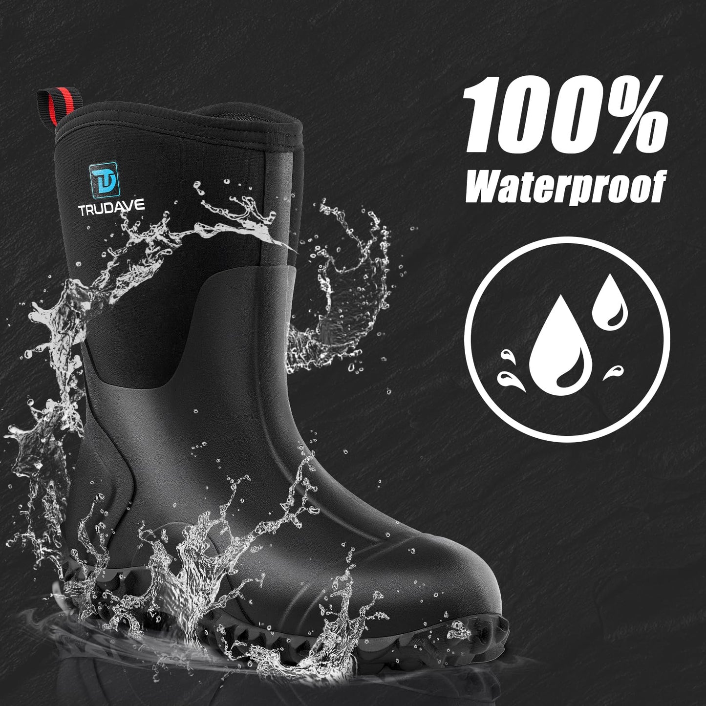 Rubber Boots for Women with Steel Shank, 6mm Neoprene Mid Calf Rain Boots, Waterproof Insulated Mud Work Boots All Season, Size 5-11