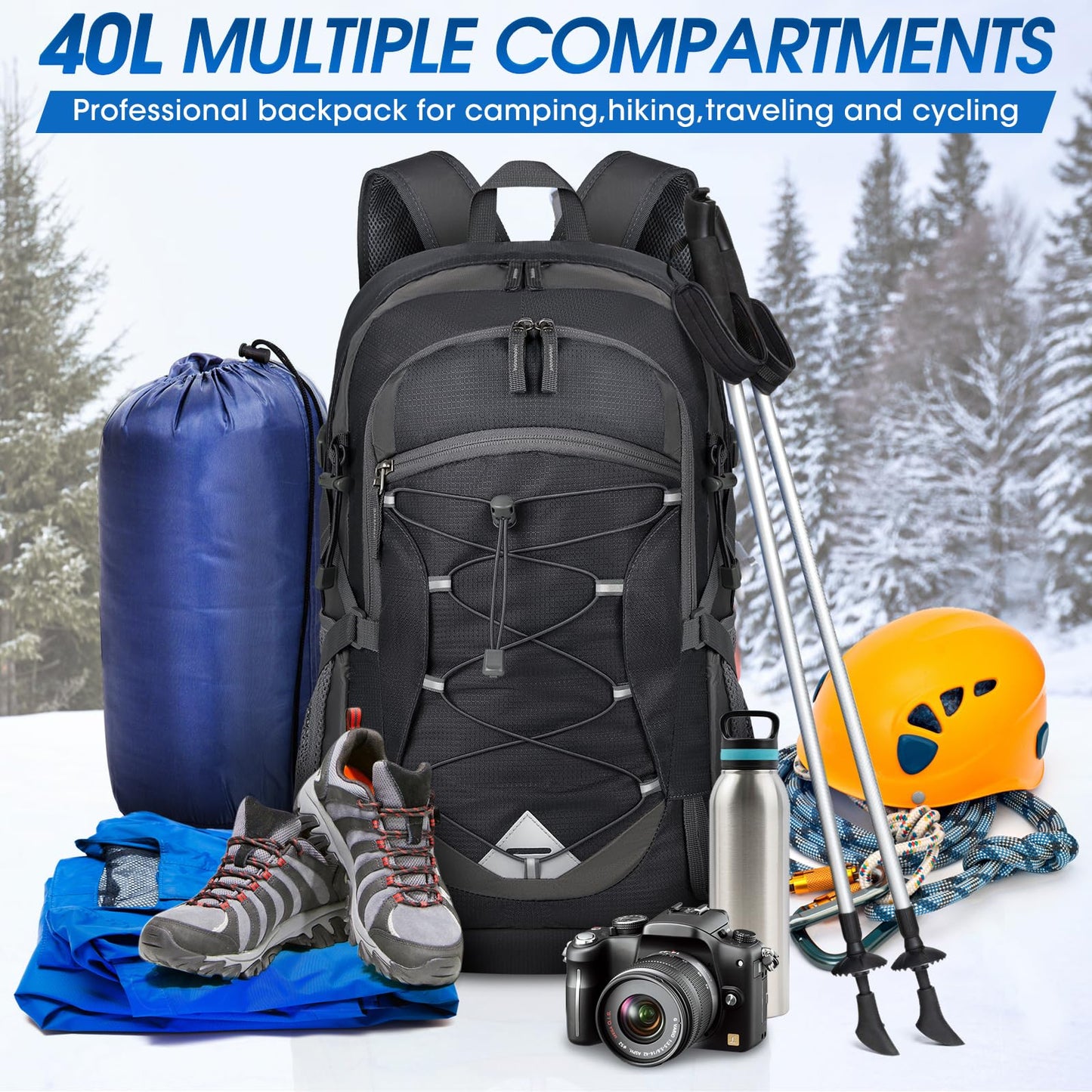 IGOLUMON Hiking Backpack 40L Packable Lightweight Camping Backpack Men Women Waterproof Hiking Daypack Outdoor Travel Daypack,Black