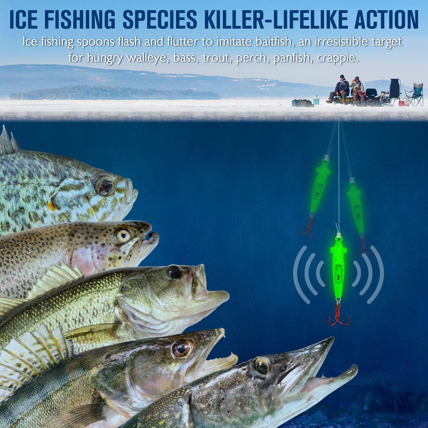 Dovesun Ice Fishing Jigs Ice Fishing Lures Kit Rattling Glow Ice Fishing Spoons for Bass Crappie Panfish Mens Fishing Gifts 15PCS/4PCS/3PCS