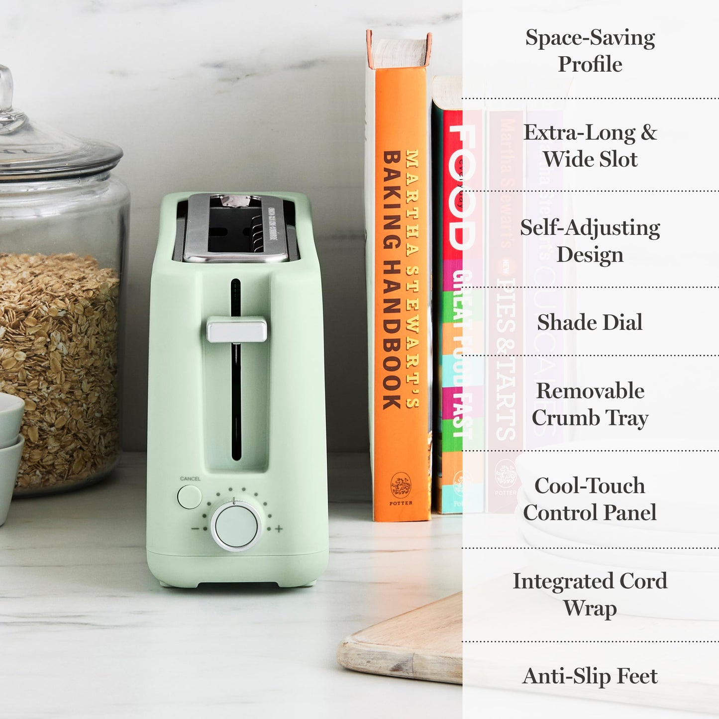 Martha Stewart 2 Slice Long Slot Toaster, Extra Wide for Sourdough & Bagels, 10 Setting Shade Control, Removable Crumb Tray, Self-Centering Design, Defrost/Reheat, Cancel, Slim Space-Saving, Honeydew