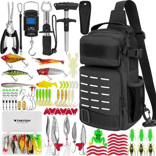 THKFISH 85Pcs Fishing Tool Kit, Fishing Backpack with Tackle Boxes Included, Fishing Tackle Kit Include Fishing Bait Lure Gear Kit, Fishing Pliers, Fish Hook Remover, Lip Gripper