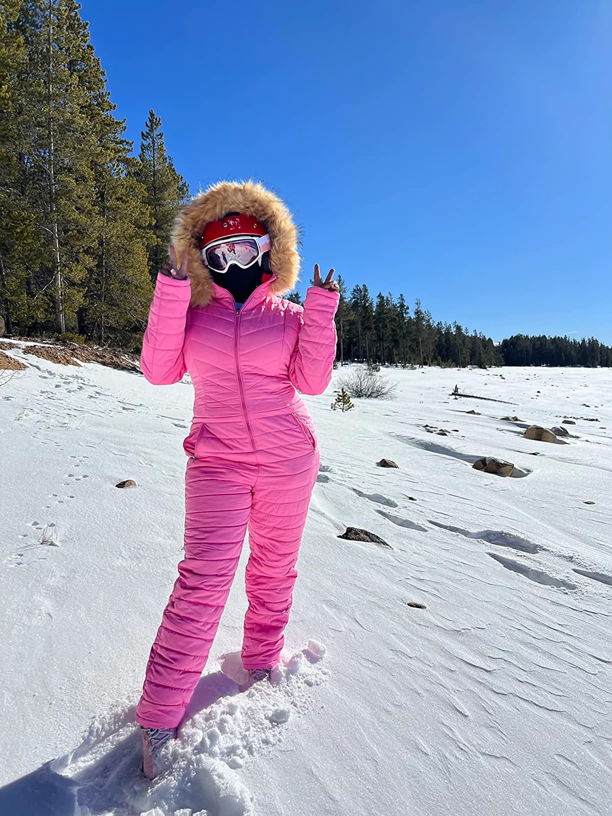 Cicy Bell Womens One Piece Ski Suits Winter Outdoor Sports Jumpsuit Fur Collar Coat Windproof Waterproof Hooded Snowsuit