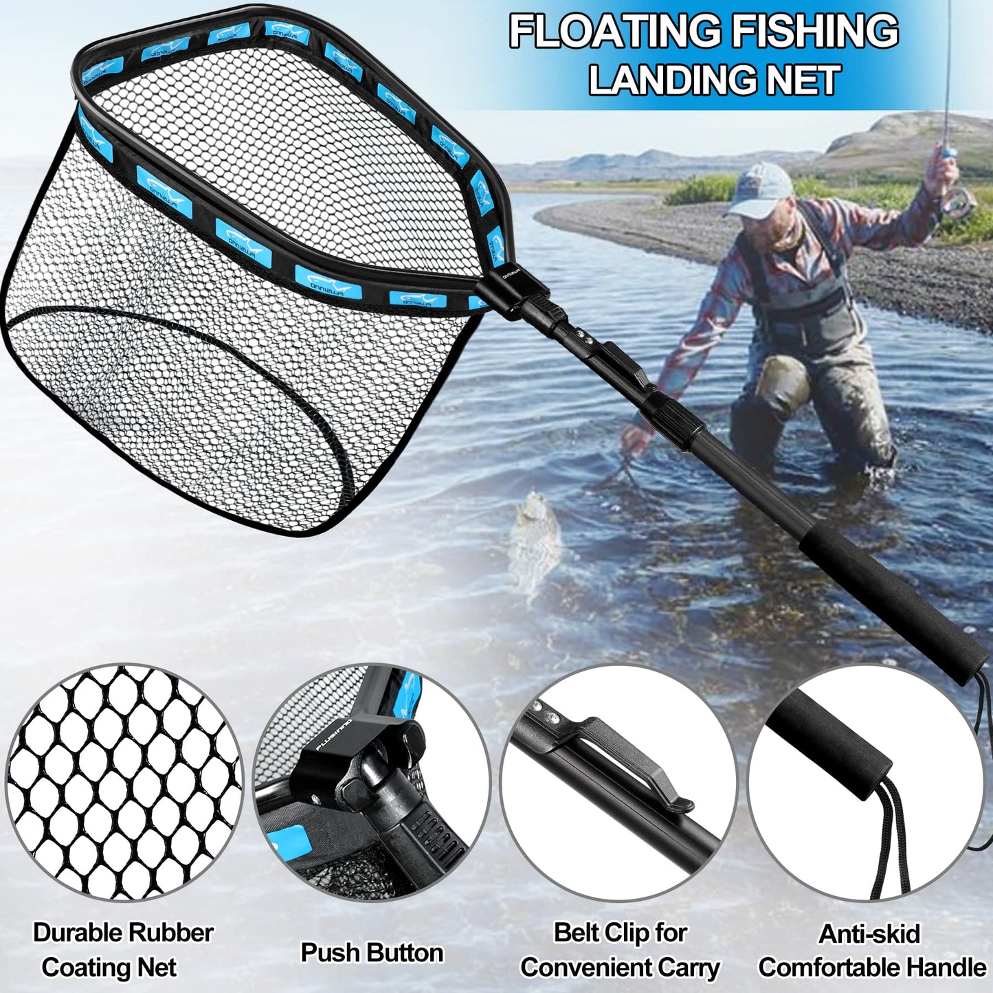 PLUSINNO Floating Fishing Net for Steelhead, Salmon, Fly, Kayak, Catfish, Bass, Trout Fishing, Rubber Coated Landing Net for Easy Catch & Release, Compact & Foldable for Easy Transportation & Storage
