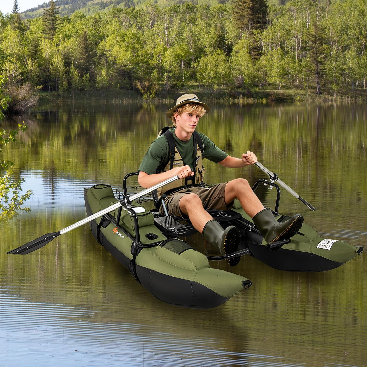 Goplus Inflatable Fishing Float Tube, Pontoon Boat w/Foldable Padded Seat, Adjustable Footrest, Pump, Paddles, Fish Ruler, Storage Basket,Pockets, 400 LBS Load Capacity Adult Belly Boat for Angling