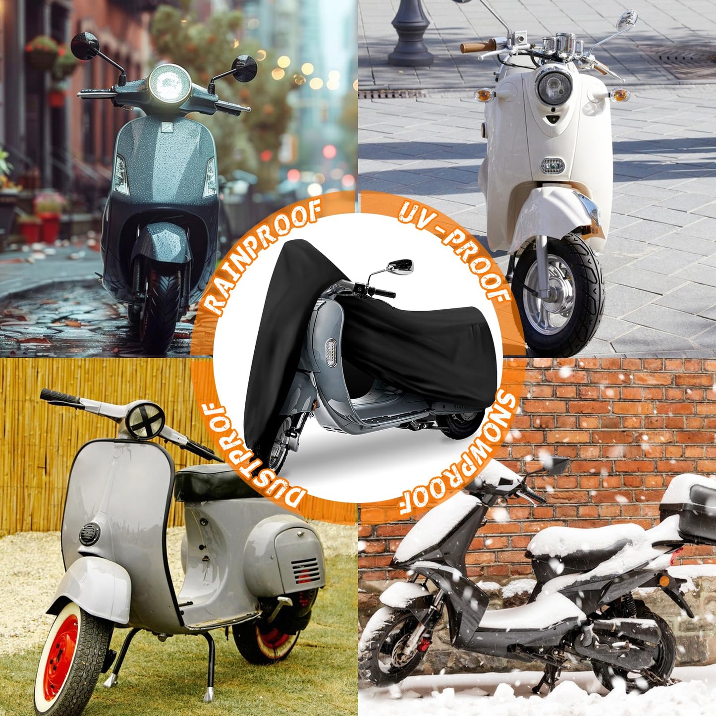 Scooter Cover, Waterproof Moped Cover, Vespa Cover, Outdoor Windproof and UV, for 72" Long Yamaha Honda Ruckus Motorbike Cover (Black)