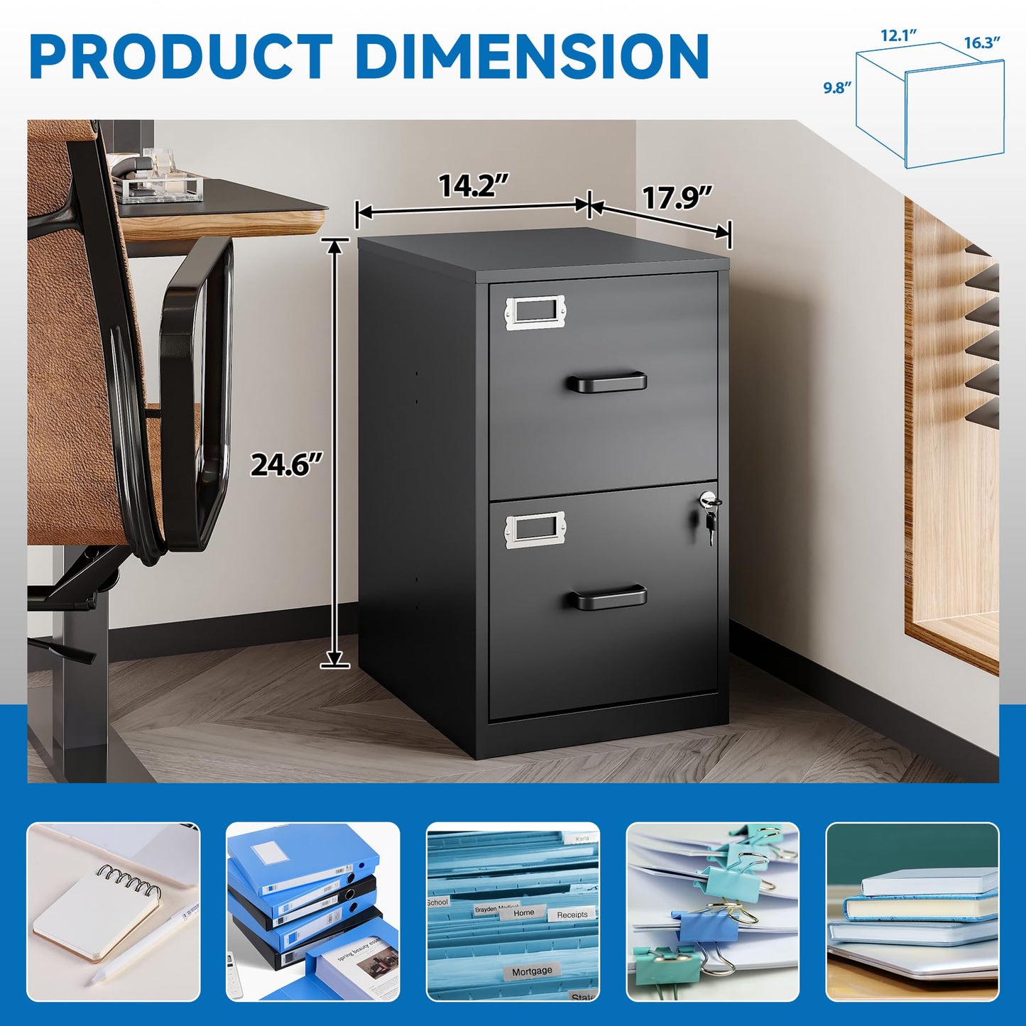 BYNSOE 2 Drawer File Cabinet with Lock Vertical Filing Storage Cabinet Office Home Steel Vertical File Cabinets for Letter Size File Cabinet Locked,Assembly Required