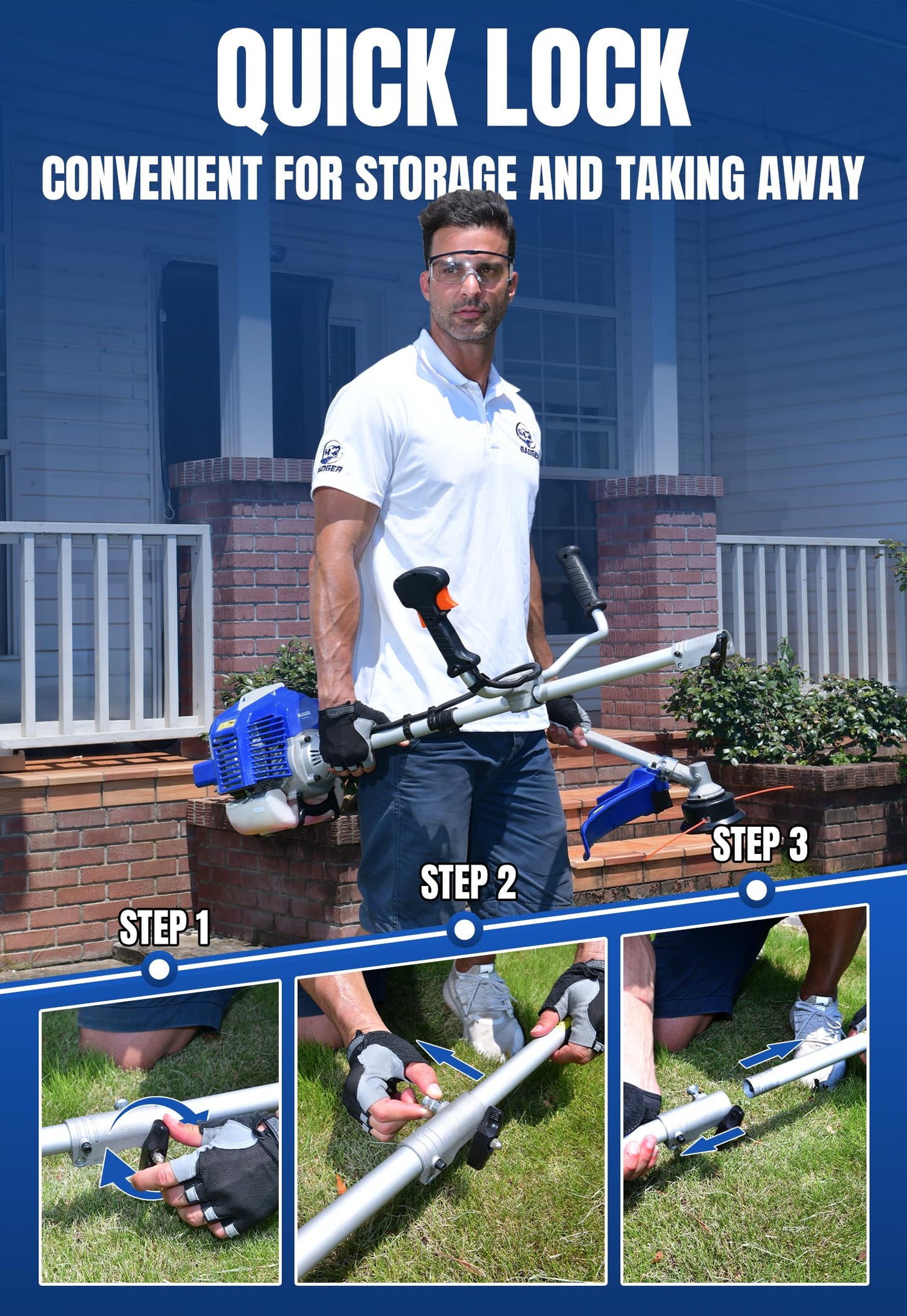 WILD BADGER POWER 52cc Weed Wacker Gas Powered, 3 in 1 String Trimmer/Edger 18’’ with 10’’ Brush Cutter,Rubber Handle & Shoulder Strap Included
