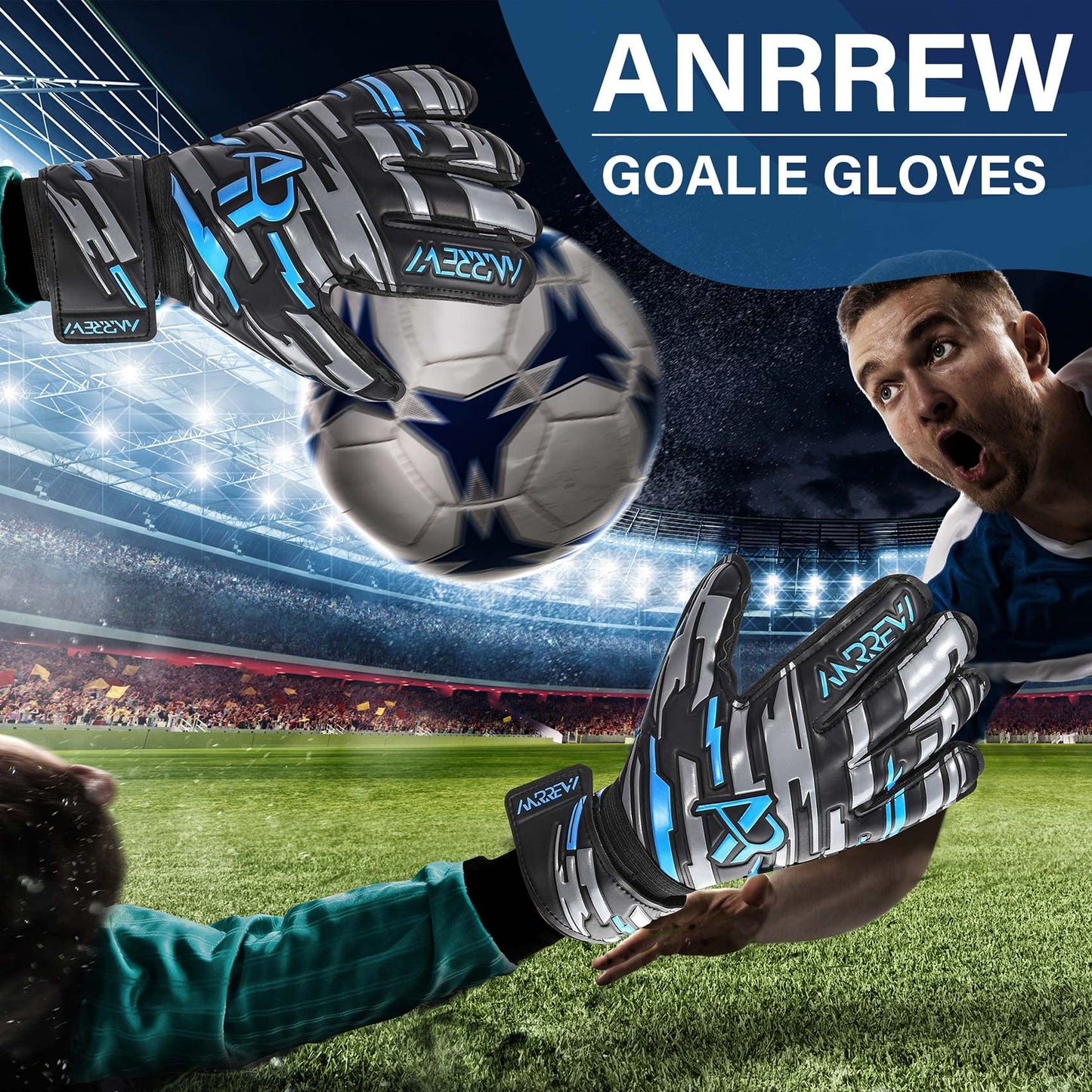Anrrew Soccer Goalie Gloves with fingersave and Double Wrist Protection.Goalkeeper Gloves Provide Extreme Strong Control and Grip.Soccer Gloves for Youth,Kids,Adult