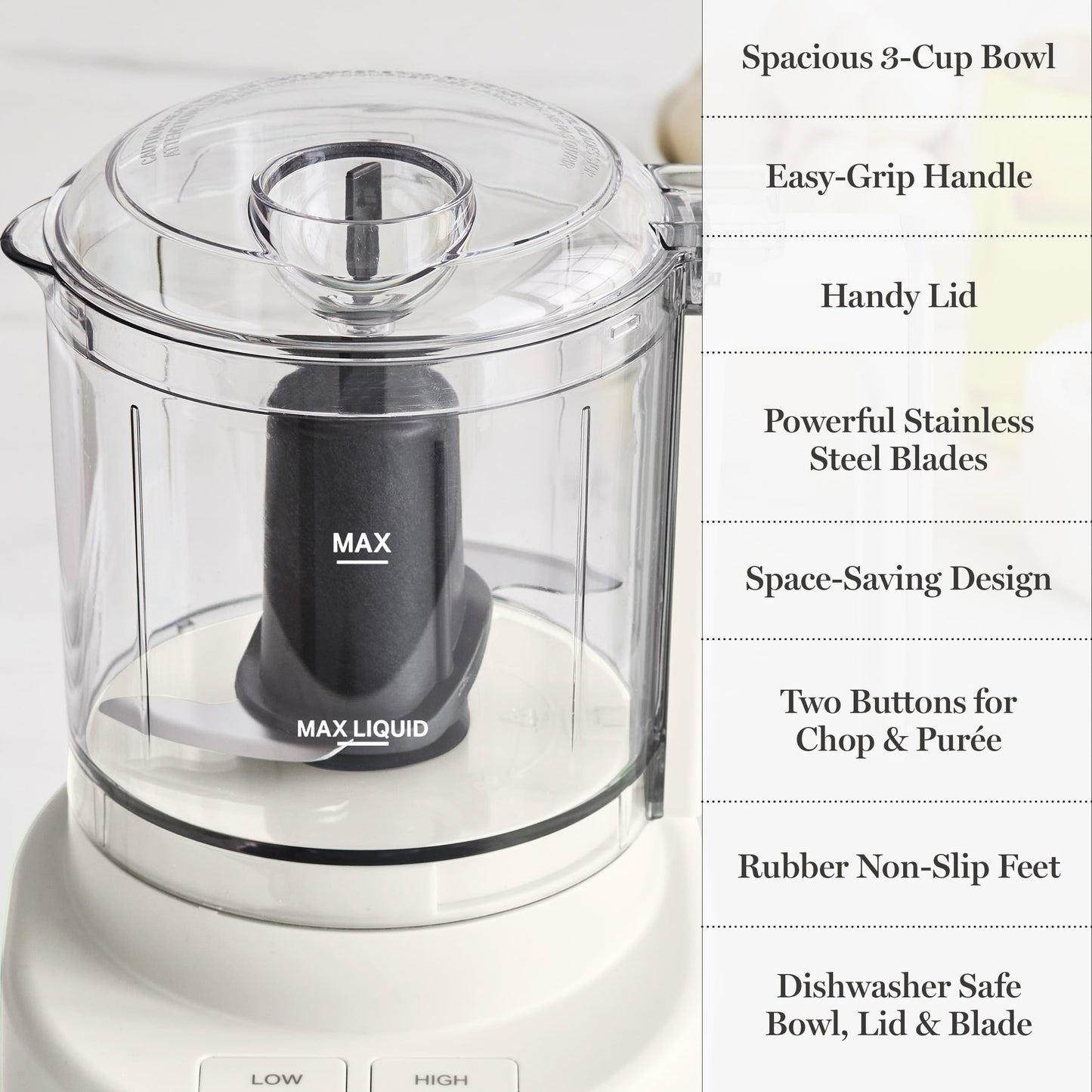 Martha Stewart 3 Cup Electric Food Chopper, Vegetable & Herb Mini Food Processor, 24oz BPA-Free Bowl, Stainless Steel Blades, Pour Spout, Dicing, Mincing, Chop & Puree, Dishwasher Safe, Caviar