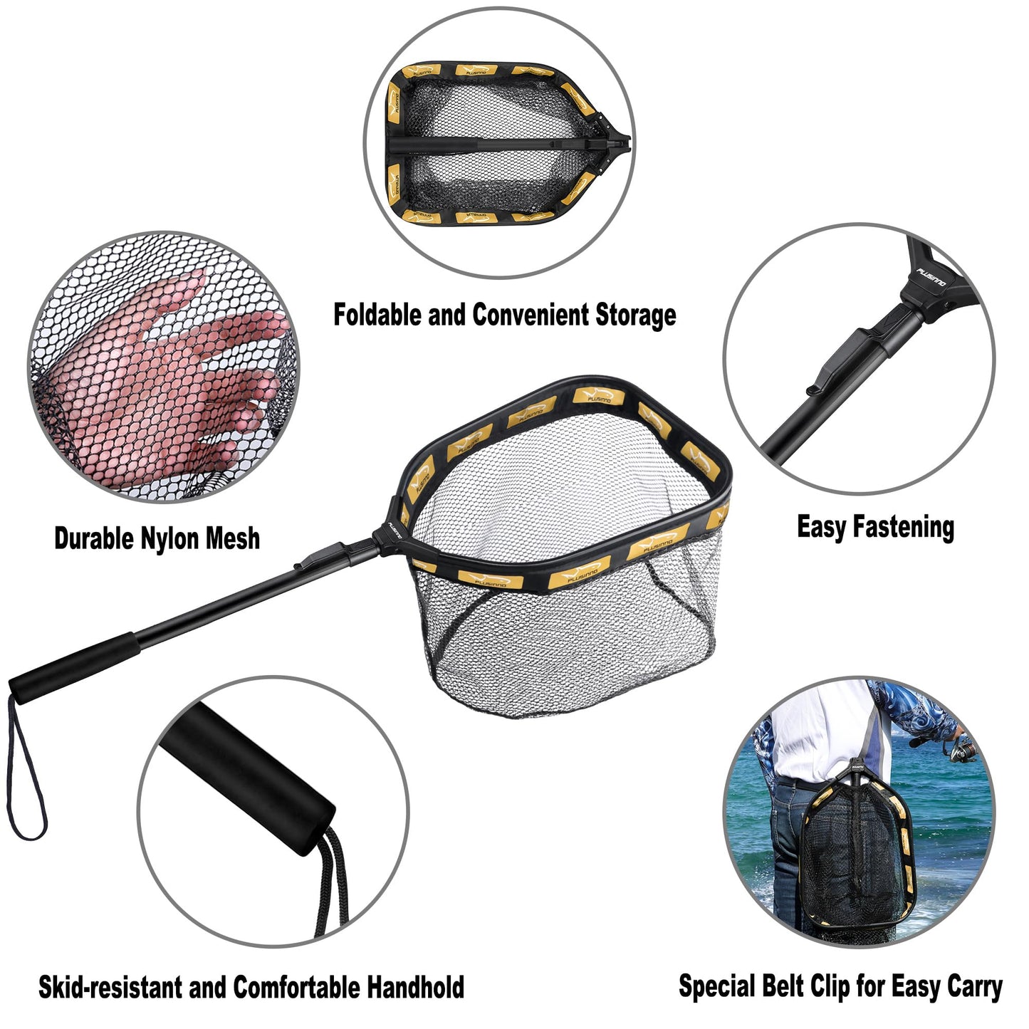 PLUSINNO Floating Fishing Net for Steelhead, Salmon, Fly, Kayak, Catfish, Bass, Trout Fishing, Rubber Coated Landing Net for Easy Catch & Release, Compact & Foldable for Easy Transportation & Storage
