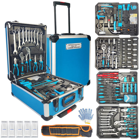 Arcwares 799pcs Aluminum Trolley Case Tool Set Silver, House Repair Kit Set, Household Hand Tool Set, with Tool Belt,Gift on Father's Day (Black)