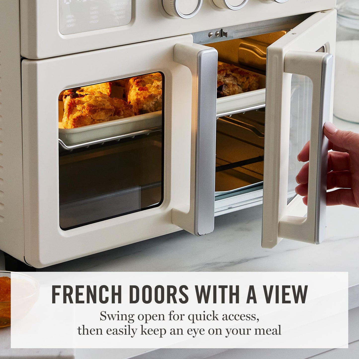 Martha Stewart French Door Air Fryer Toaster Oven Combo, 34QT Countertop Convection, 12-in-1, Bake, Broil, Roast, Fits 12” Pizza, Dehydrate, 5 Accessories, Air Fry Basket, Stainless Steel, Caviar Gray
