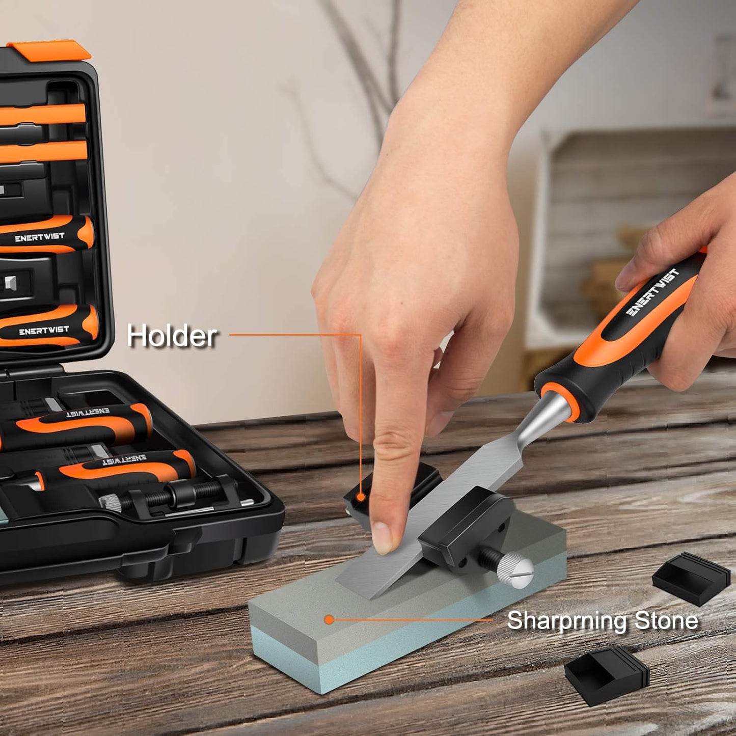 ENERTWIST 13pcs Wood Chisel Set, Premium Woodworking Chisel Sets w/ 8 CRV Construction Wood Chisels, 1 Sharpening Stone, 1 Honing Guide, 2 Carpenter Pencils, 1 Sharpener for Wood Carving in Hard Case