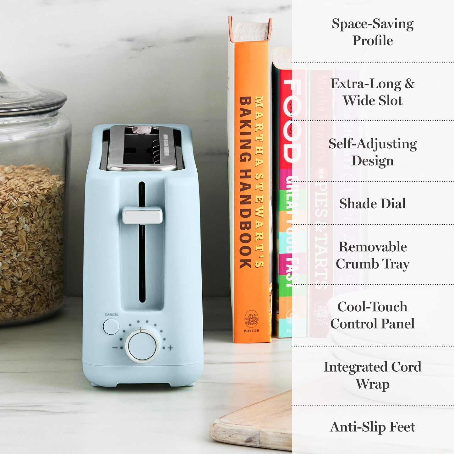 Martha Stewart 2 Slice Long Slot Toaster, Extra Wide for Sourdough & Bagels, 10 Setting Shade Control, Removable Crumb Tray, Self-Centering Design, Defrost/Reheat, Cancel, Slim Space-Saving, Honeydew