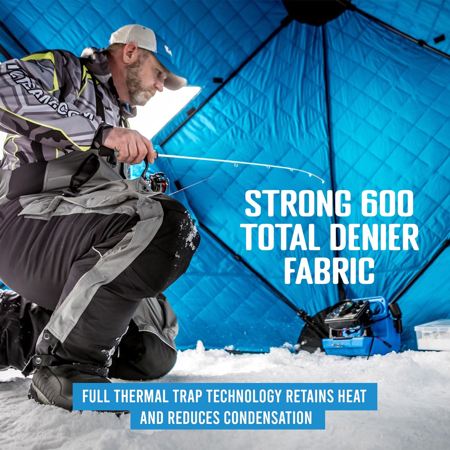 CLAM Lightweight Portable Pop Up Ice Fishing Angler Thermal Hub Shelter Tent with Anchors, Tie Ropes, and Carrying Bag