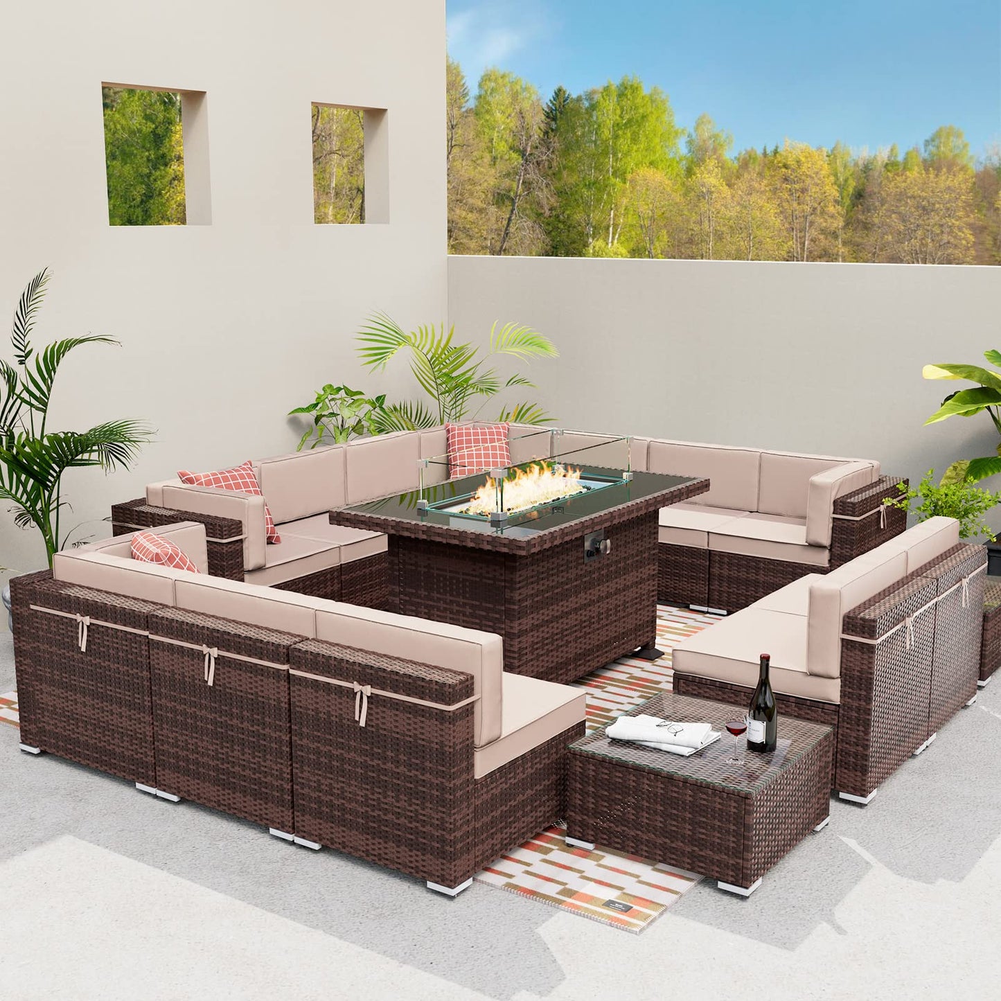 Amopatio Patio Furniture Sets, 7 Pieces Outdoor Rattan Sectional Sofa Set with Glass Table and Cushions, Wicker Patio Conversation Set for Outdoor Indoor Backyard Lawn Garden Porch (Grey)