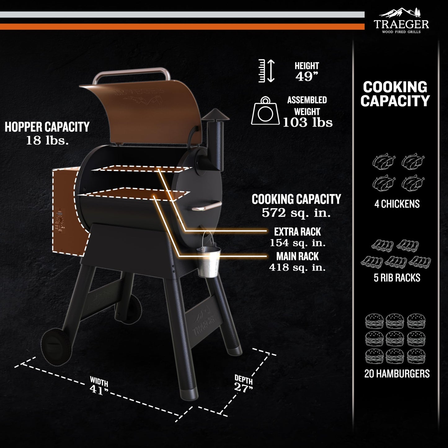 Traeger Grills Pro 22 Wood Pellet Grill & Smoker, Electric Pellet Smoker Grill Combo, 6-in-1 BBQ Versatility, 572 sq. in. Grilling Capacity, Meat Probe, 450 Degree Max Temperature, 18LB Hopper, Bronze