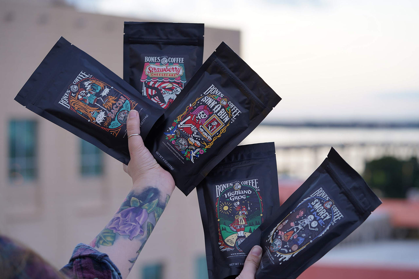 Bones Coffee Company World Tour Coffee Gift Set, 5 Packs Flavored Coffee, Medium Roast Low Acid, 4 Oz Ground