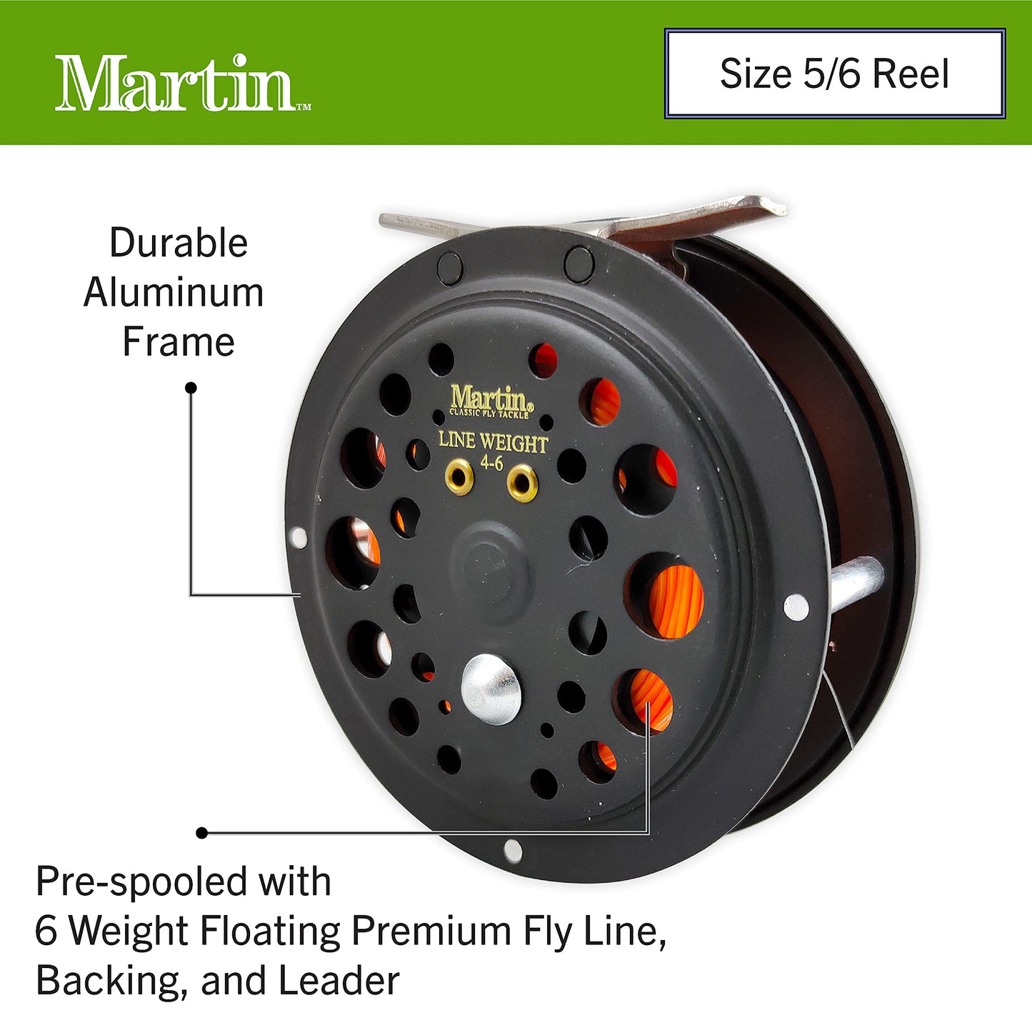 Martin Complete Fly Fishing Kit, 5/6 Rim-Control Fly Reel, Pre-spooled with Backing, Line and Leader, 3-Piece 8-Foot 5/6-Weight Rod, Includes Custom Fly Assortment