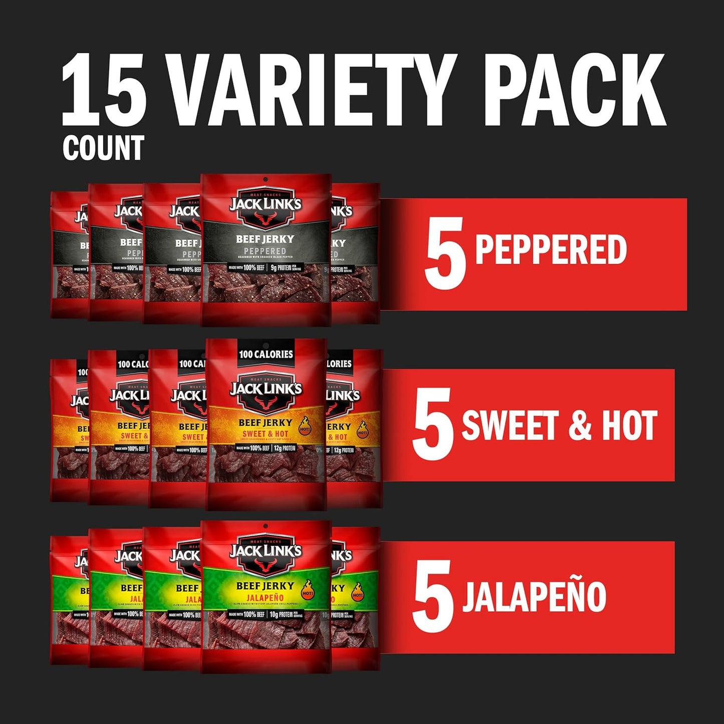 Jack Link's Beef Jerky Bold Variety Pack - Includes Sweet & Hot, Jalapeno and Peppered Jerky, Great Gifts for Dad & Men, Good Source of Protein, Meat Snacks Made with 100% Beef - 1.25 Oz (Pack of 15)