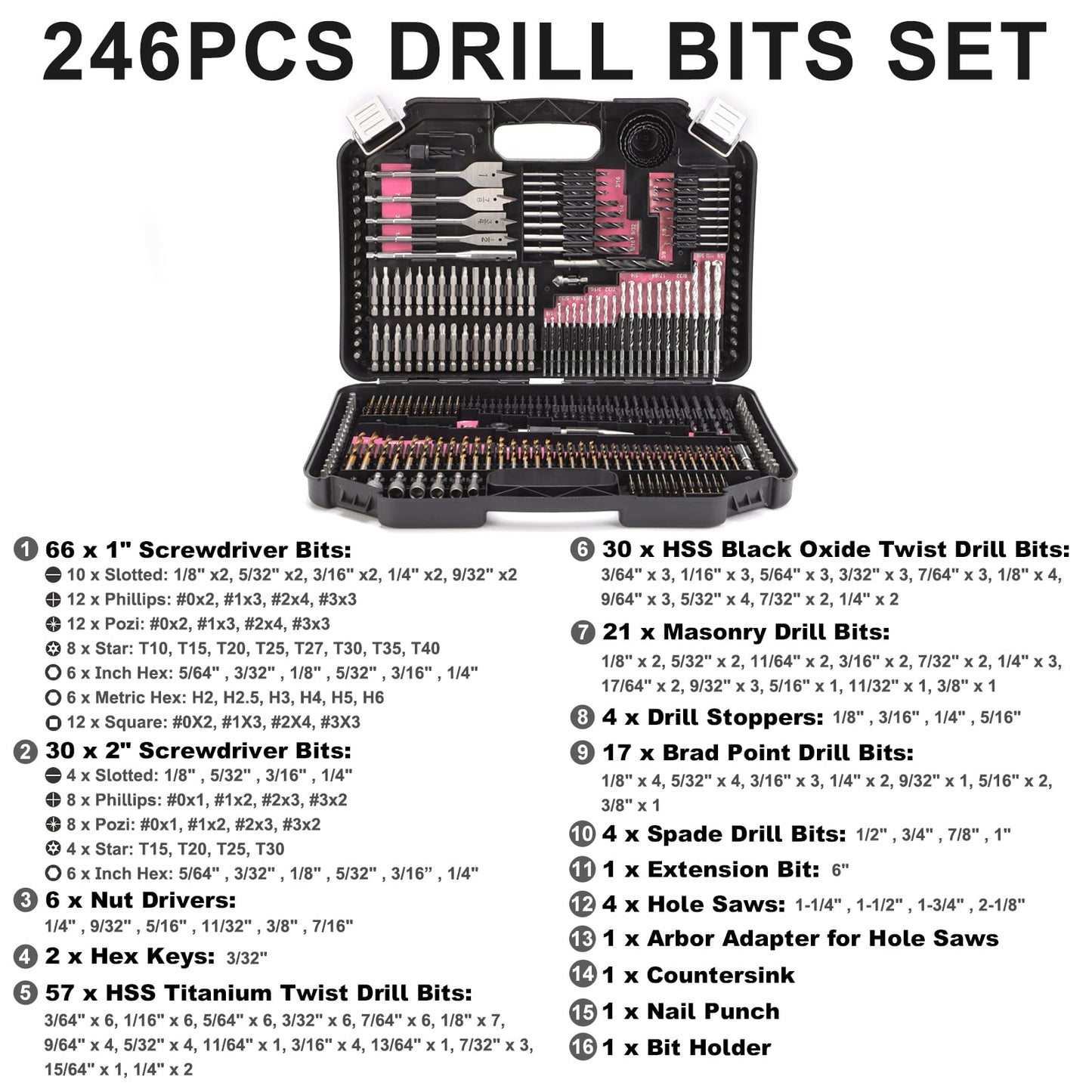 COMOWARE Drill Bit Set, 246 Pcs for Cordless Drill, Drill Driver Bit Set for Wood, Metal, Masonry, Cement and Screwdriver Bits Set Combo Kit