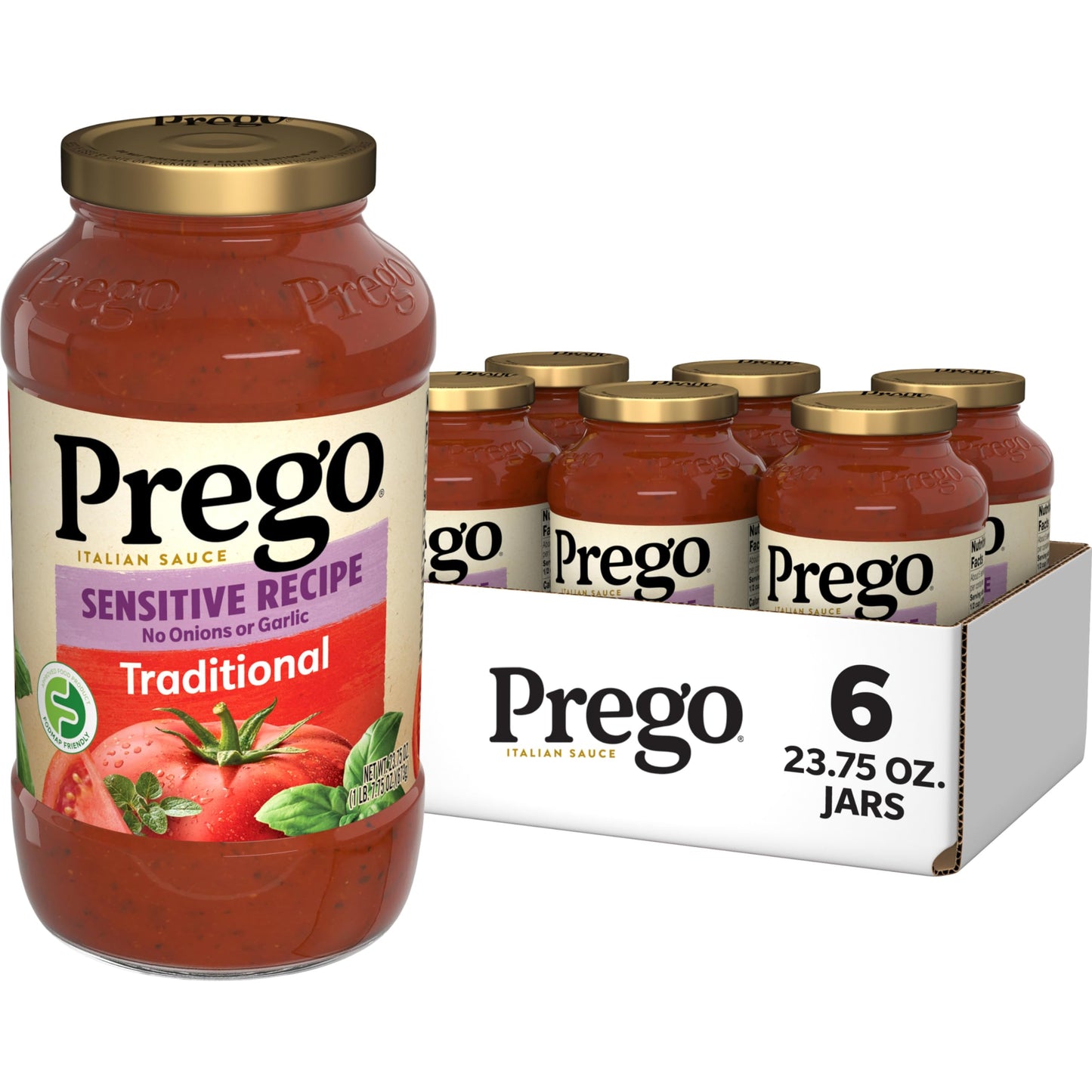 Prego Traditional No Sugar Added Pasta Sauce, 23.5 Oz Jar (Case of 6)