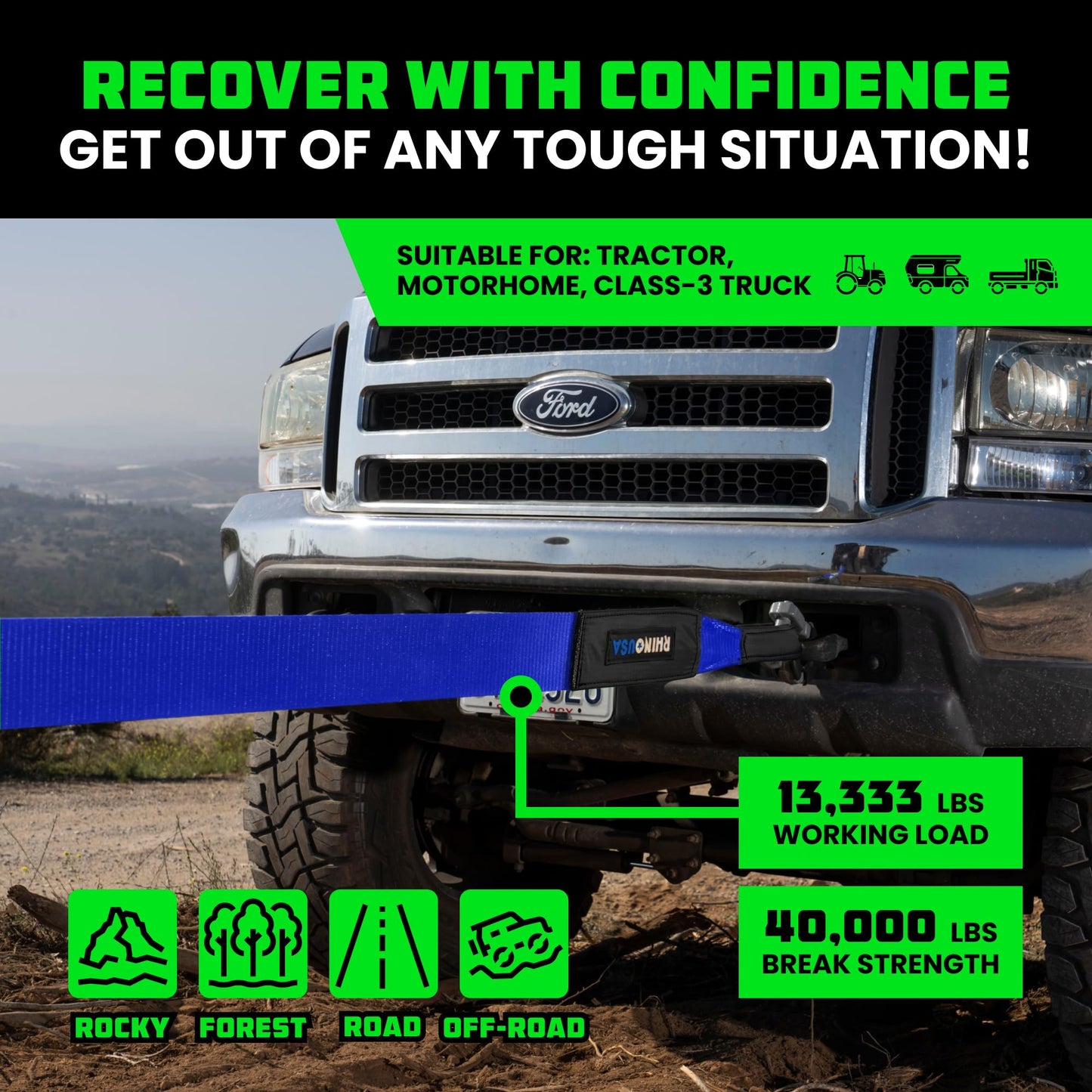 Rhino USA Recovery Tow Strap (3" x 20') - 31,518lb Break Strength - Emergency Recovery Strap Tow Rope for Truck, UTV, ATV & More - Heavy Duty Towing Strap for Offroad 4x4 Use - Compatible with Jeep