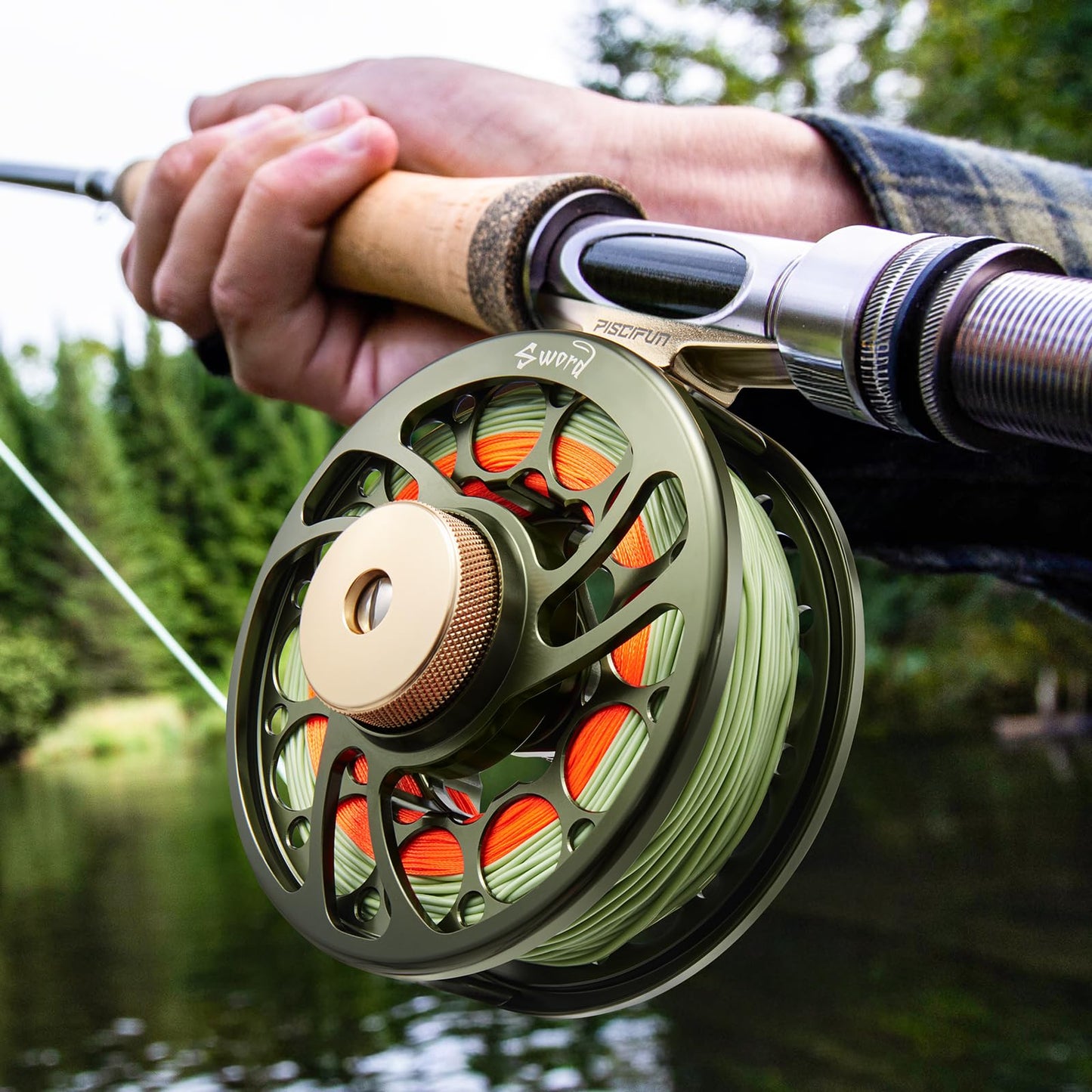 Piscifun Sword Fly Fishing Reel with Line, Pre-Loaded CNC-Machined Aluminum Alloy Fly Reel, Light Weight and Corrosion Resistance Design, 5/6wt Olive Green